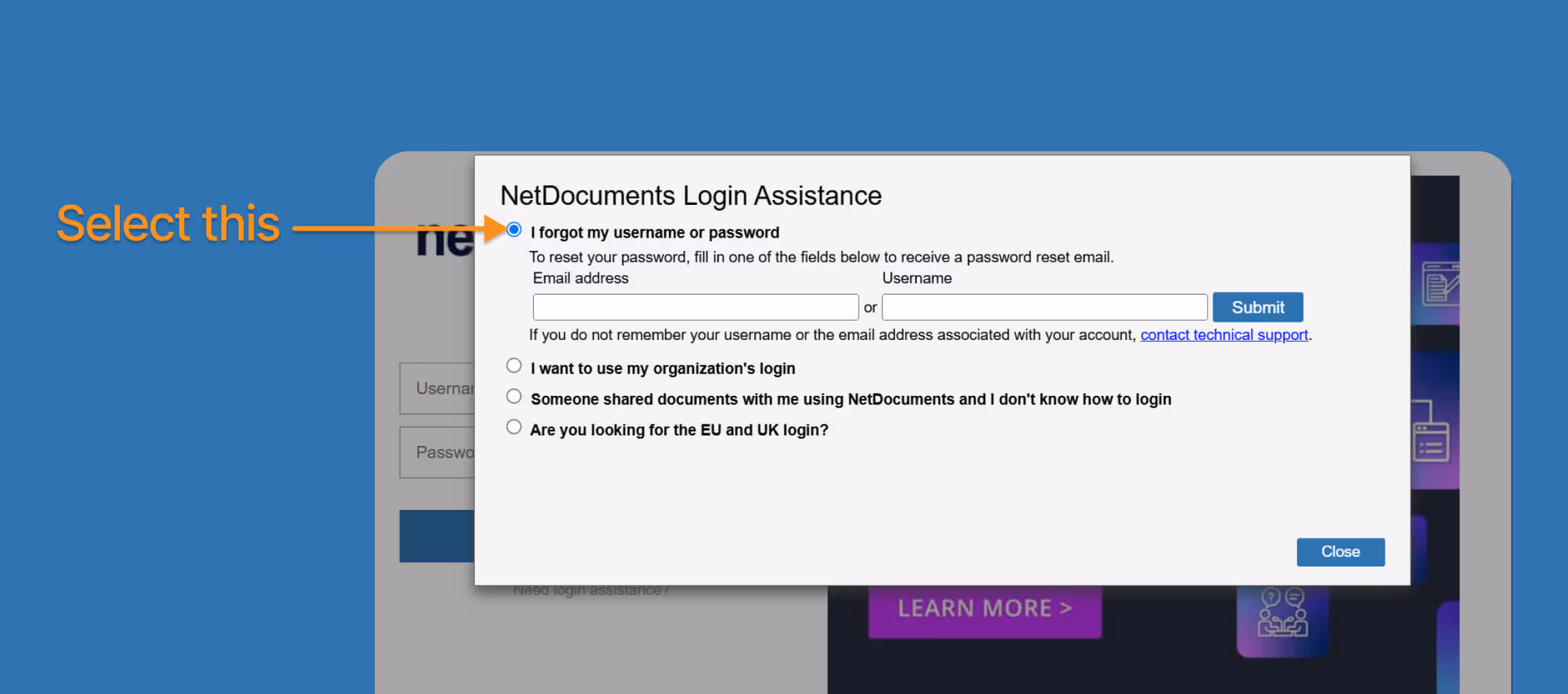 Choosing what credential to use if you forgot password of your netdocuments account
