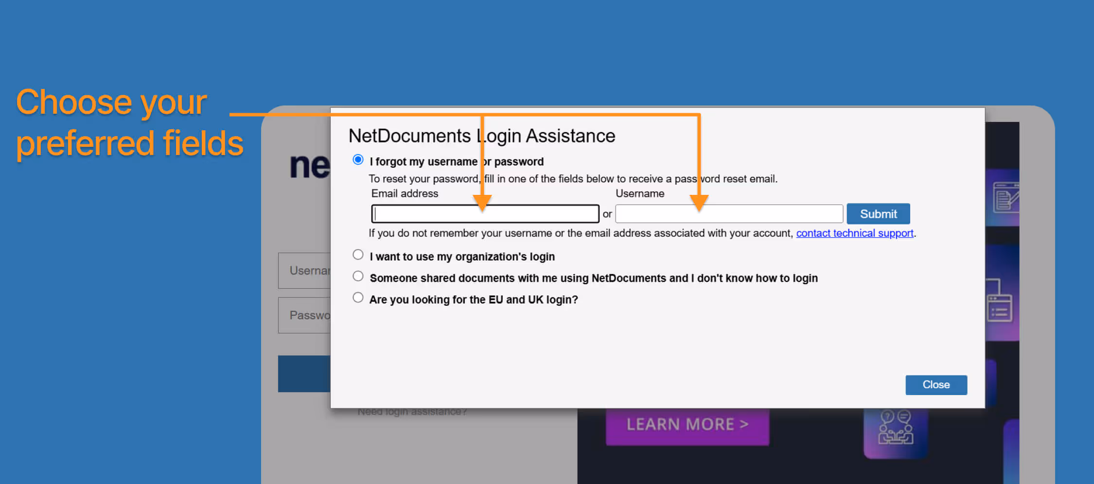 clicking email address field or username credentials if you forgot password of your netdocuments account