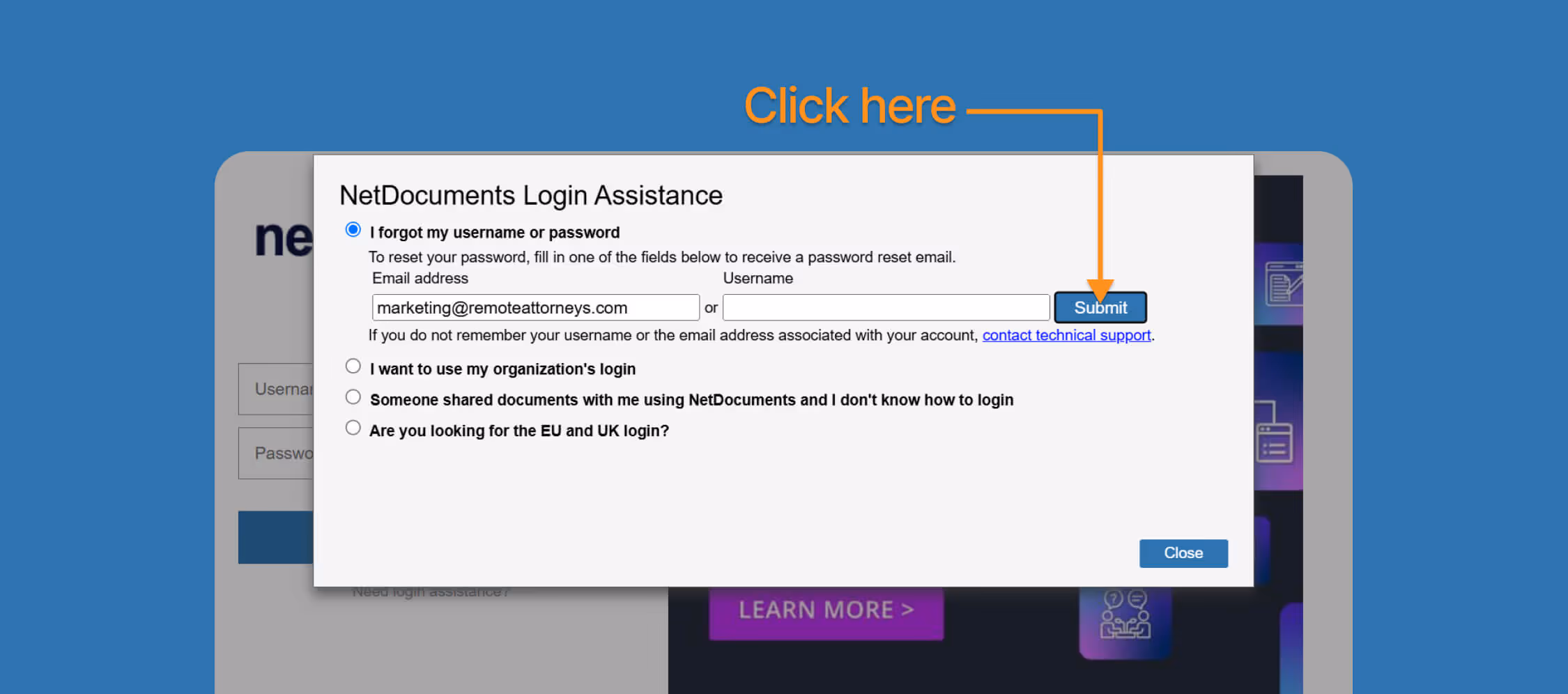 submitting credentials if you forgot password of your netdocuments account
