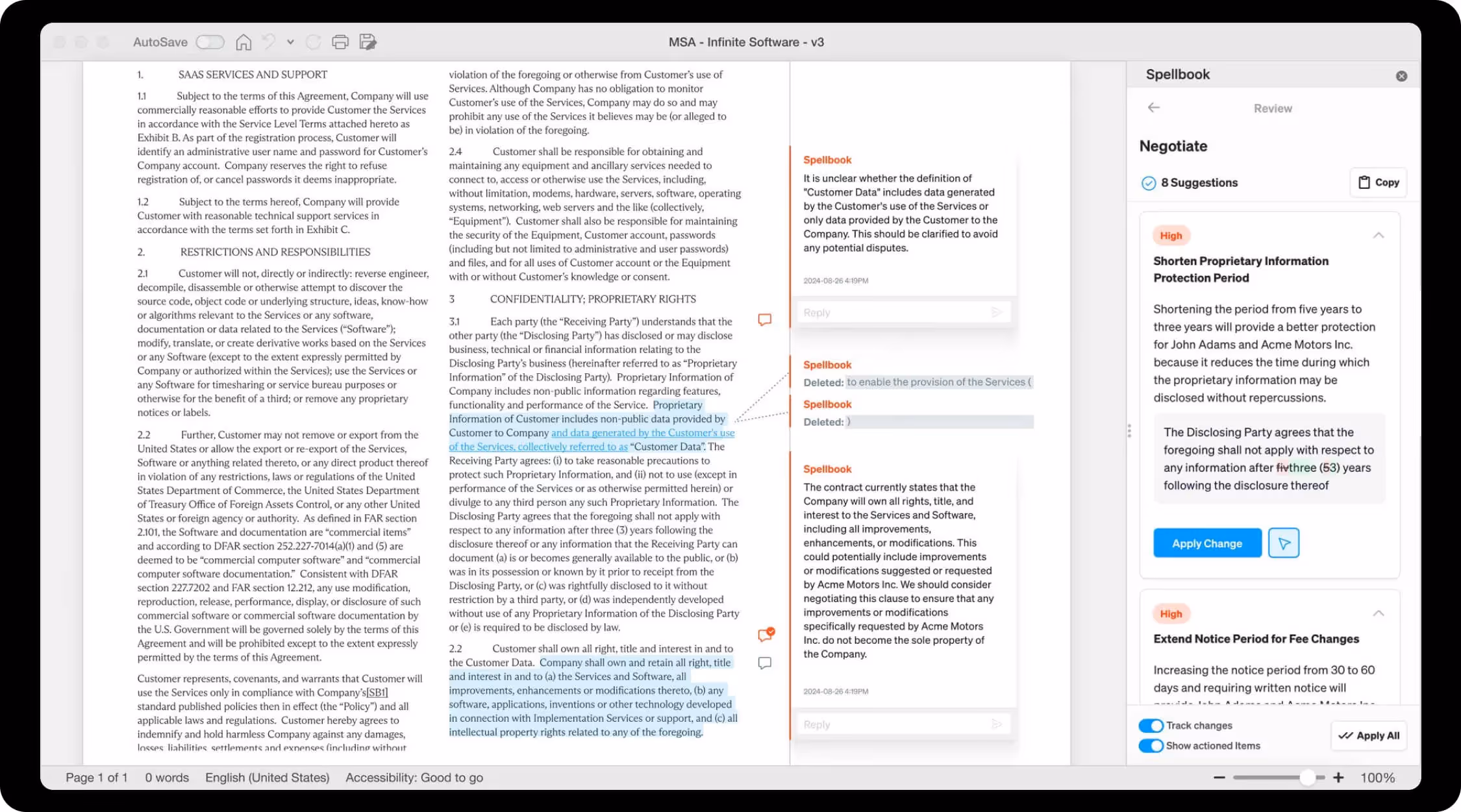 Contract review software interface using Spellbook AI. Showing a legal contract with tracked changes and comments in the sidebar, including spellbook suggestions and negotiation tools.