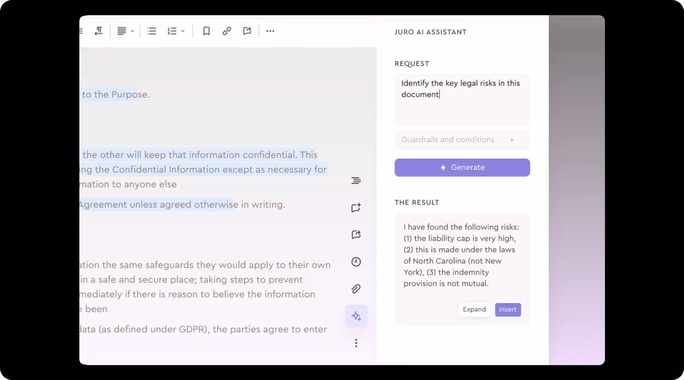 Juro AI Assistant interface showing a legal document review tool.