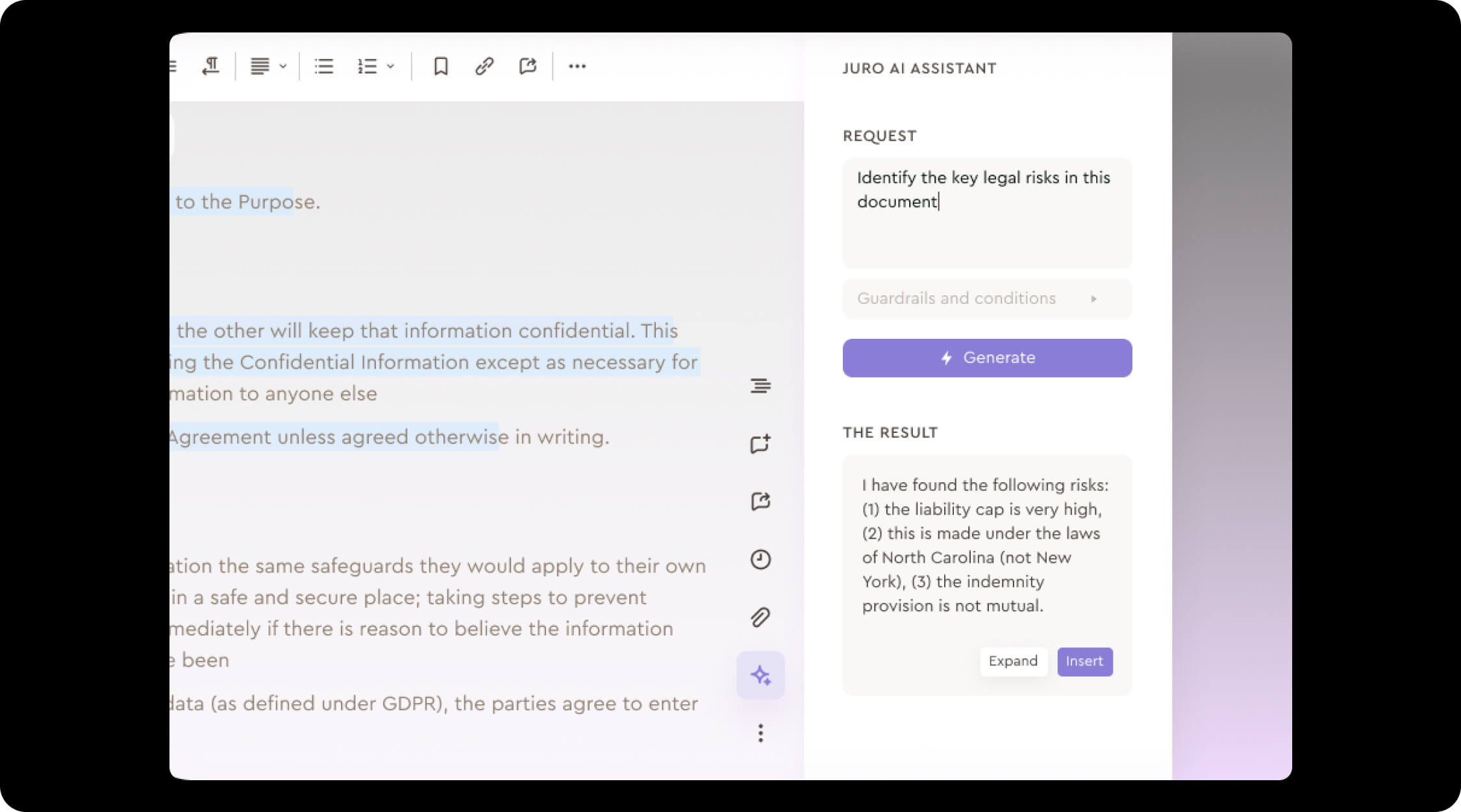Juro AI Assistant interface showing a legal document review tool.
