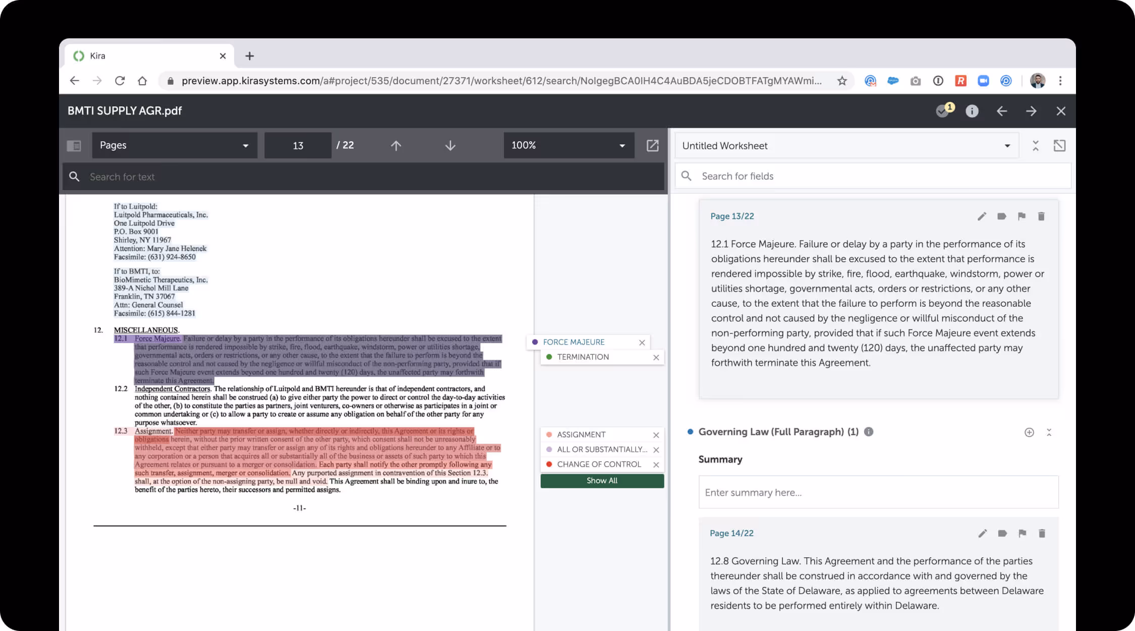 AI contract review interface of Litera Kira showing its features and tools.