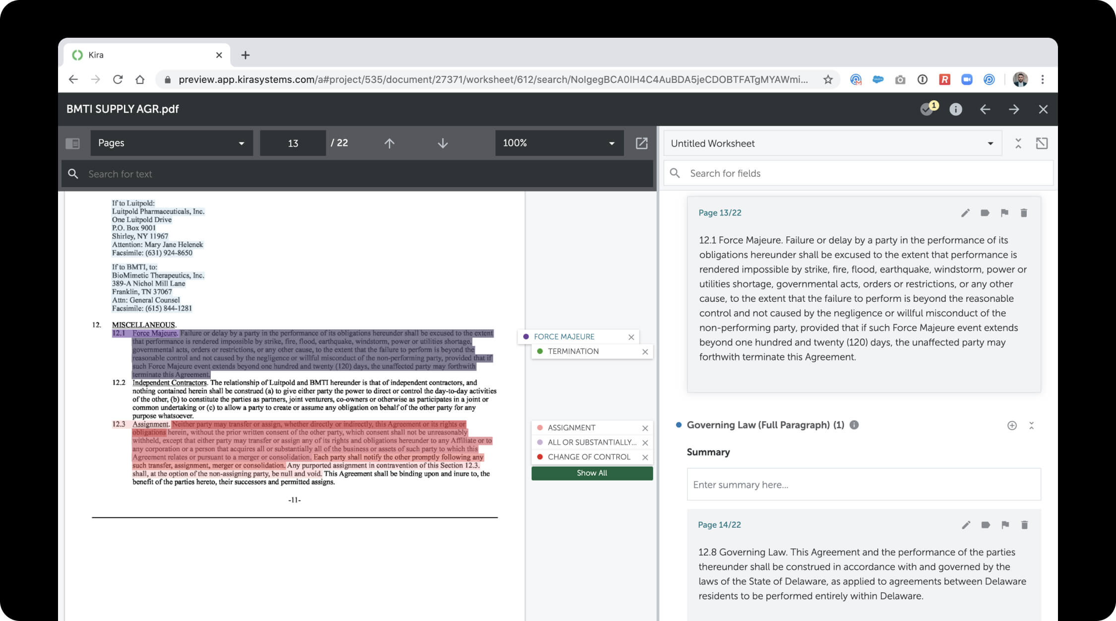 AI contract review interface of Litera Kira showing its features and tools.
