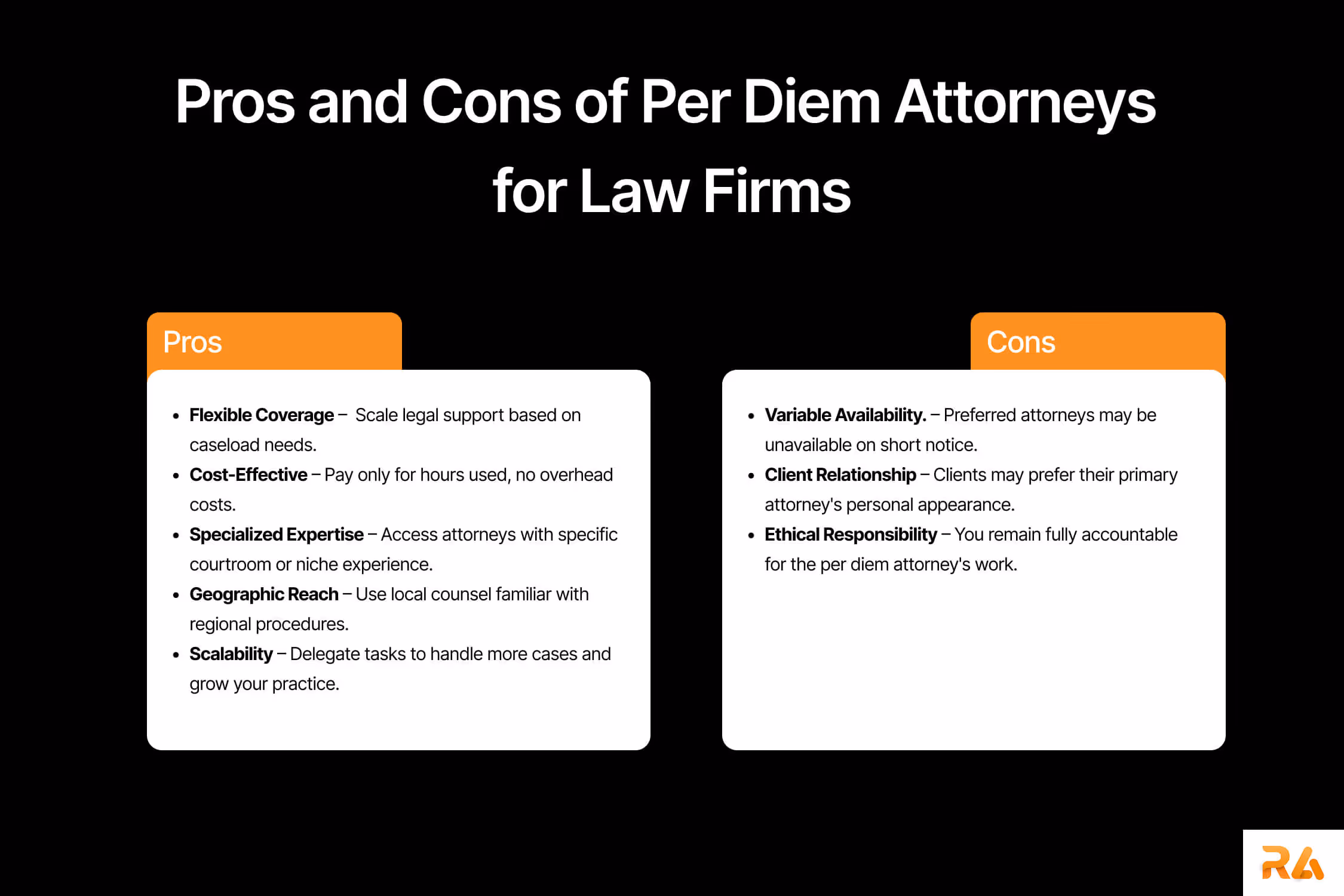 Showing benefits and limitations of hiring a per diem attorney for law firms.
