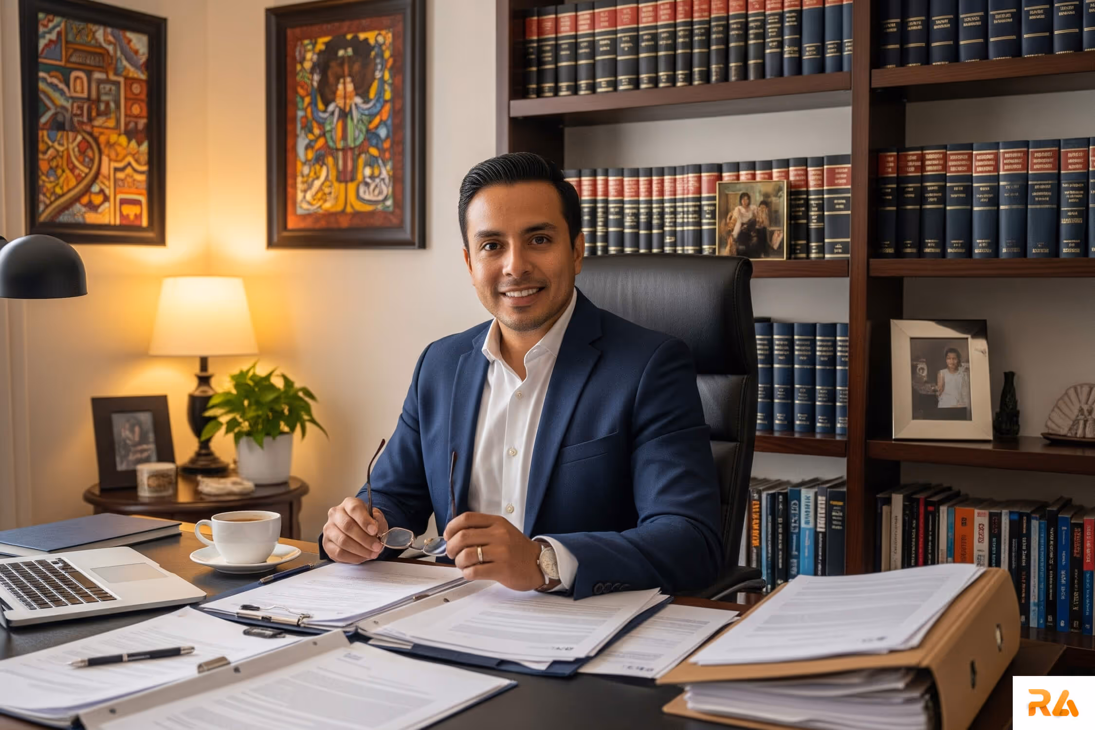 Lawyer with good conduct and highest ethical standard in a home office, with documents working on and smiling.