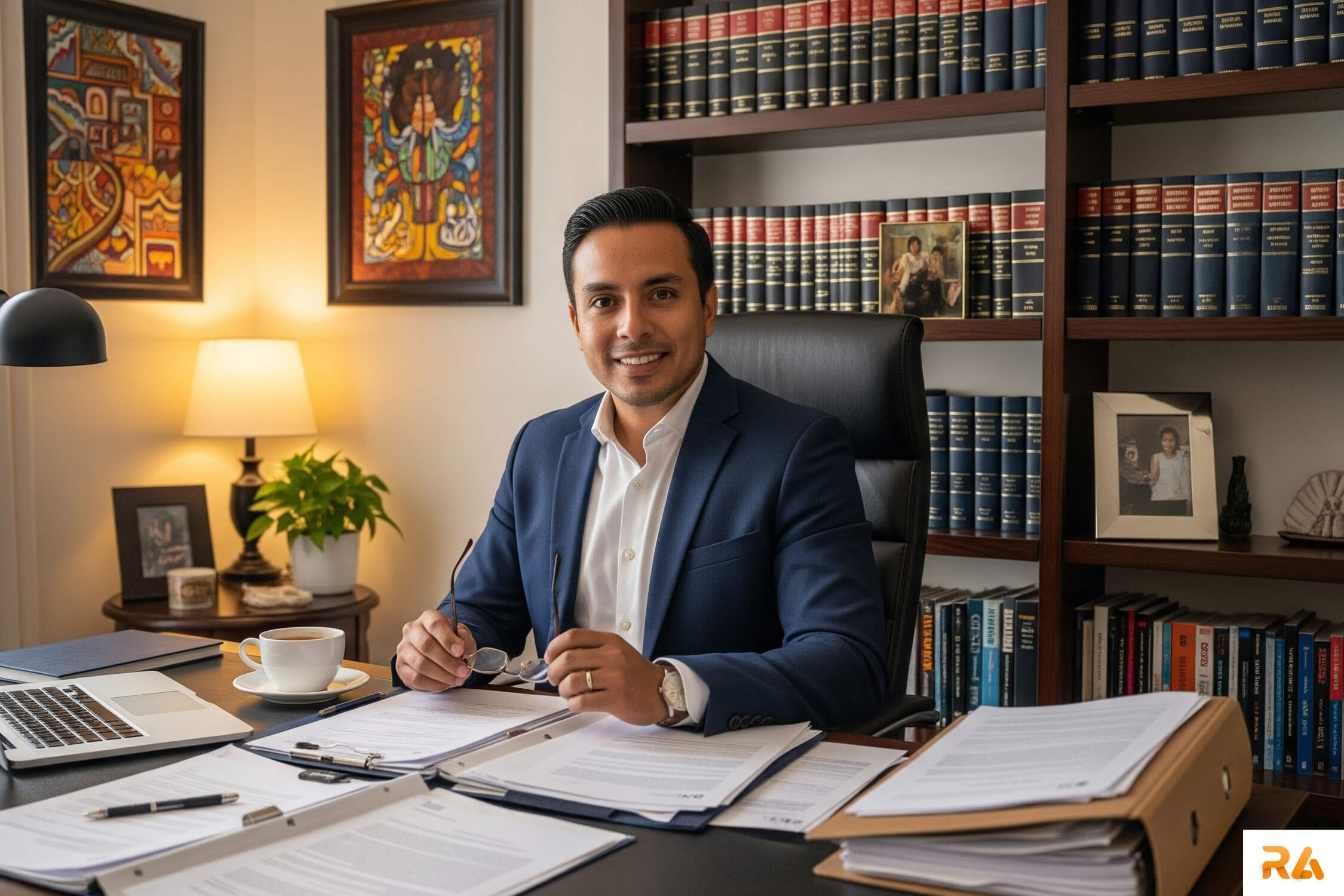 Lawyer with good conduct and highest ethical standard in a home office, with documents working on and smiling.