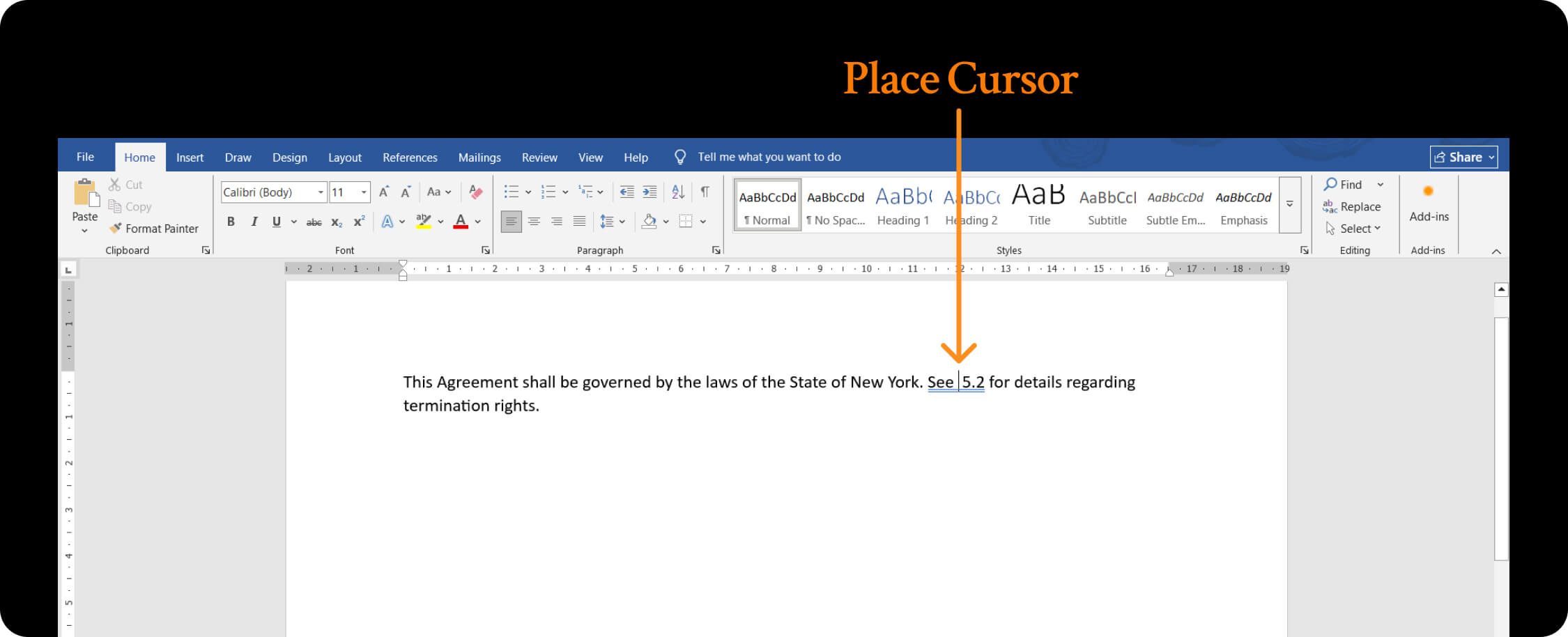 placing cursor to insert where section symbol be placed in Word document.