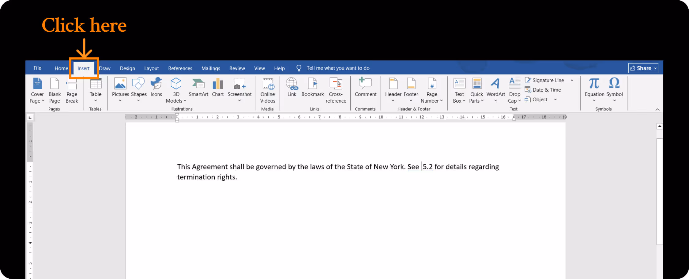 Clicking Insert Tab in Microsoft Word.