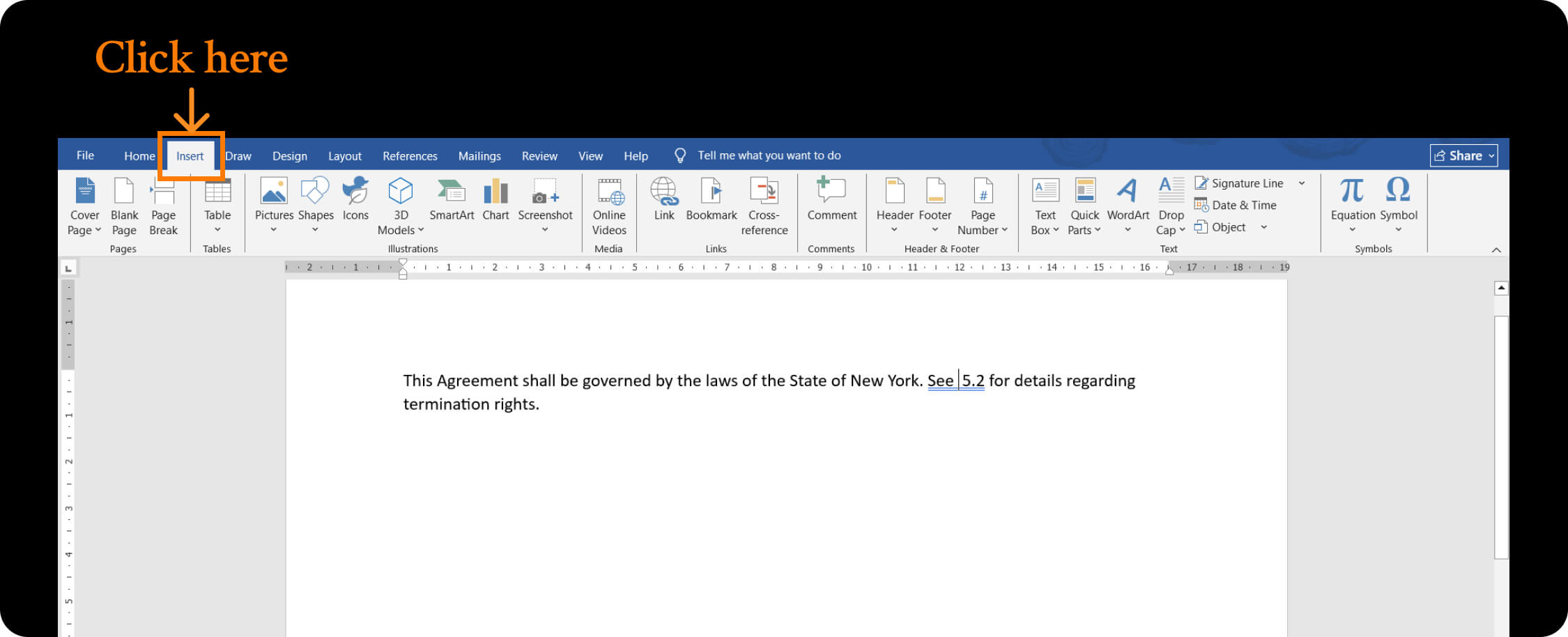 Clicking Insert Tab in Microsoft Word.