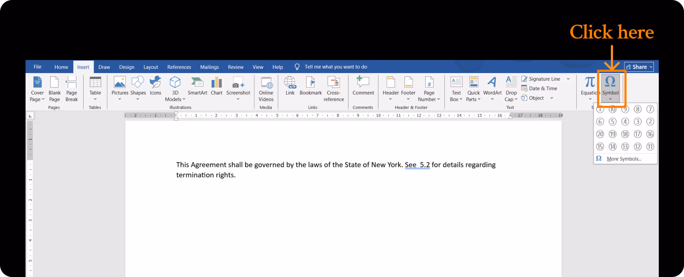 Clicking Symbol Option in Microsoft Word.