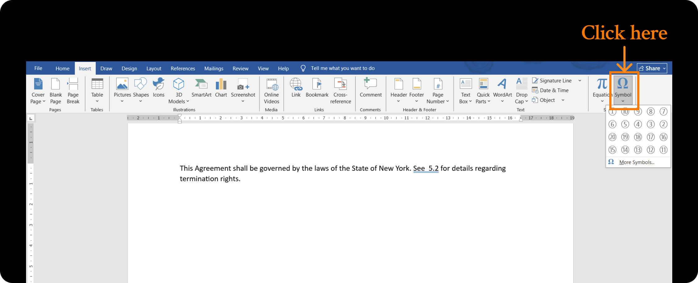 Clicking Symbol Option in Microsoft Word.