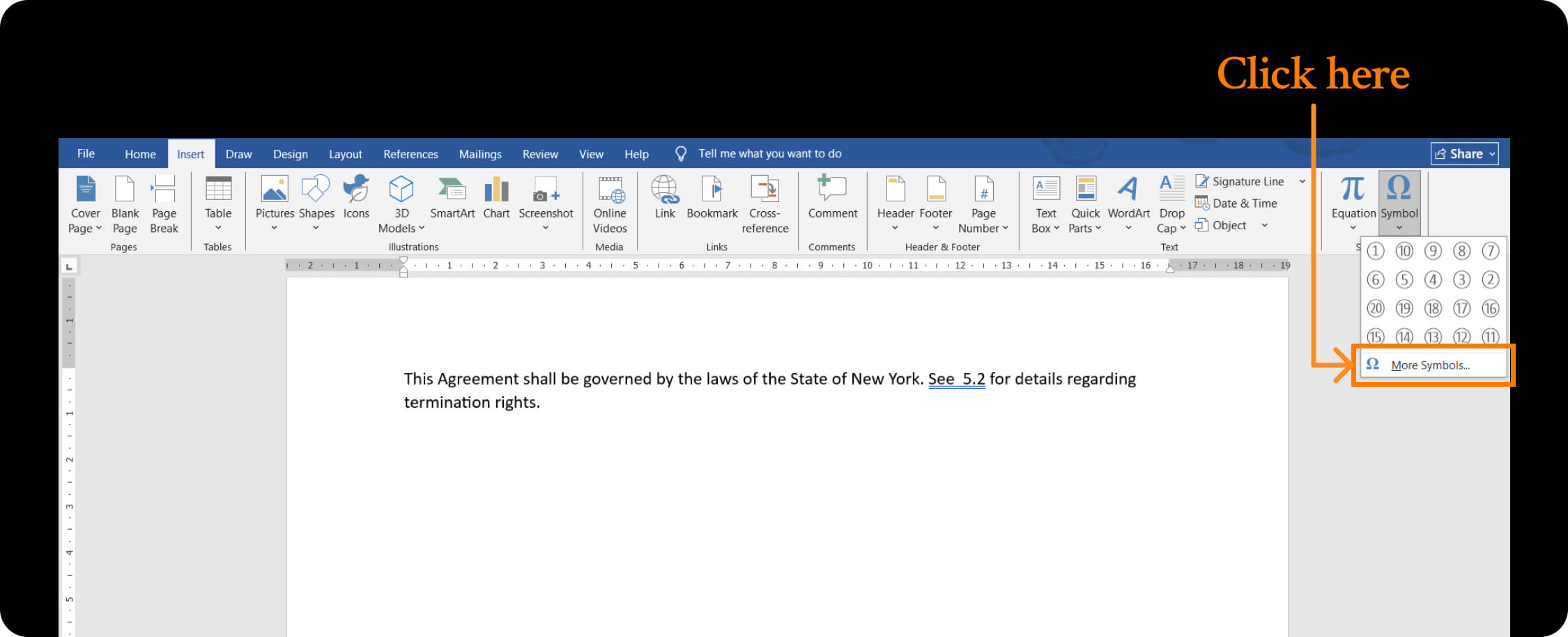 Clicking more symbols option to open full symbols in microsoft word.