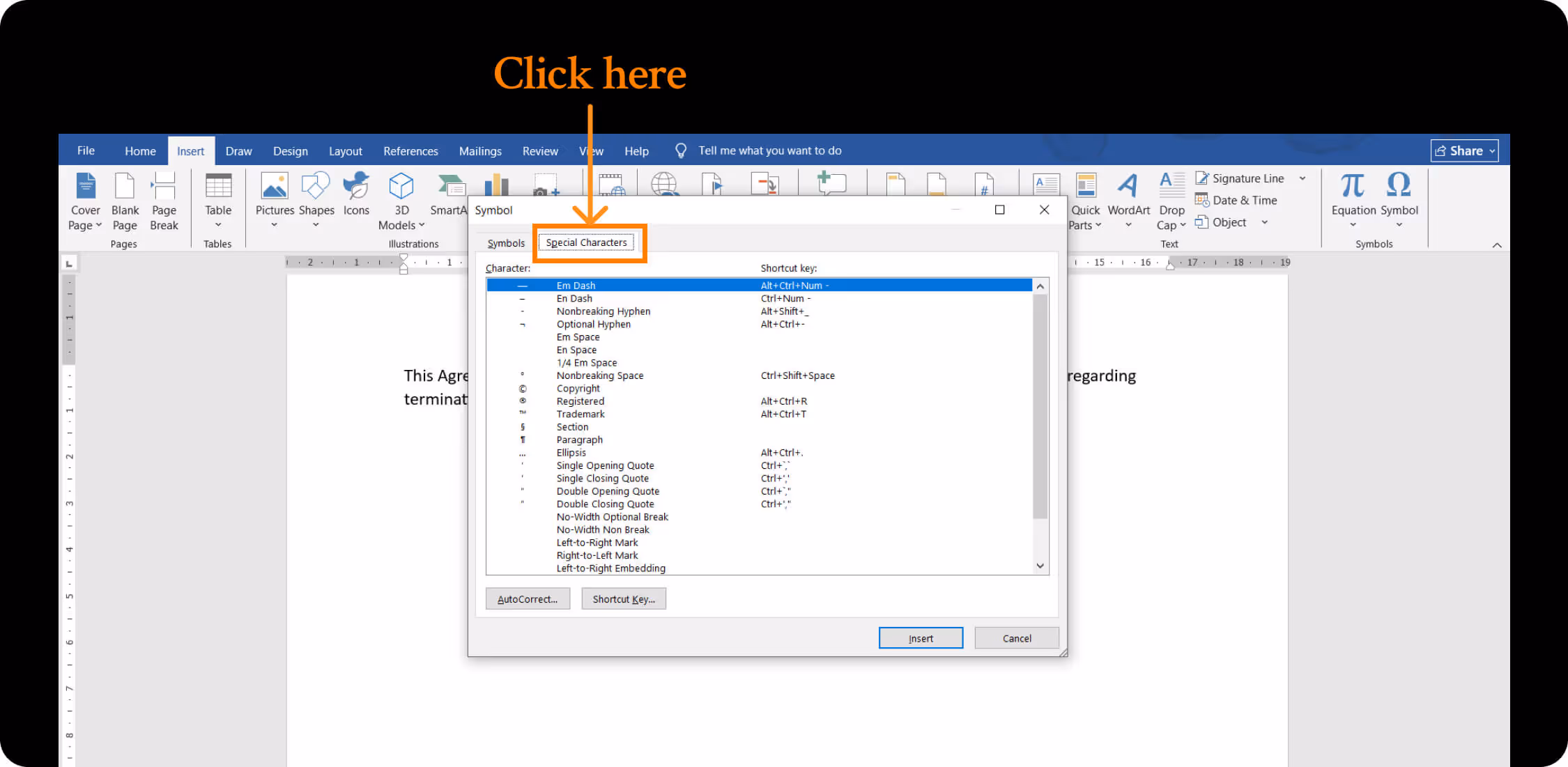 Special characters location in microsoft word.