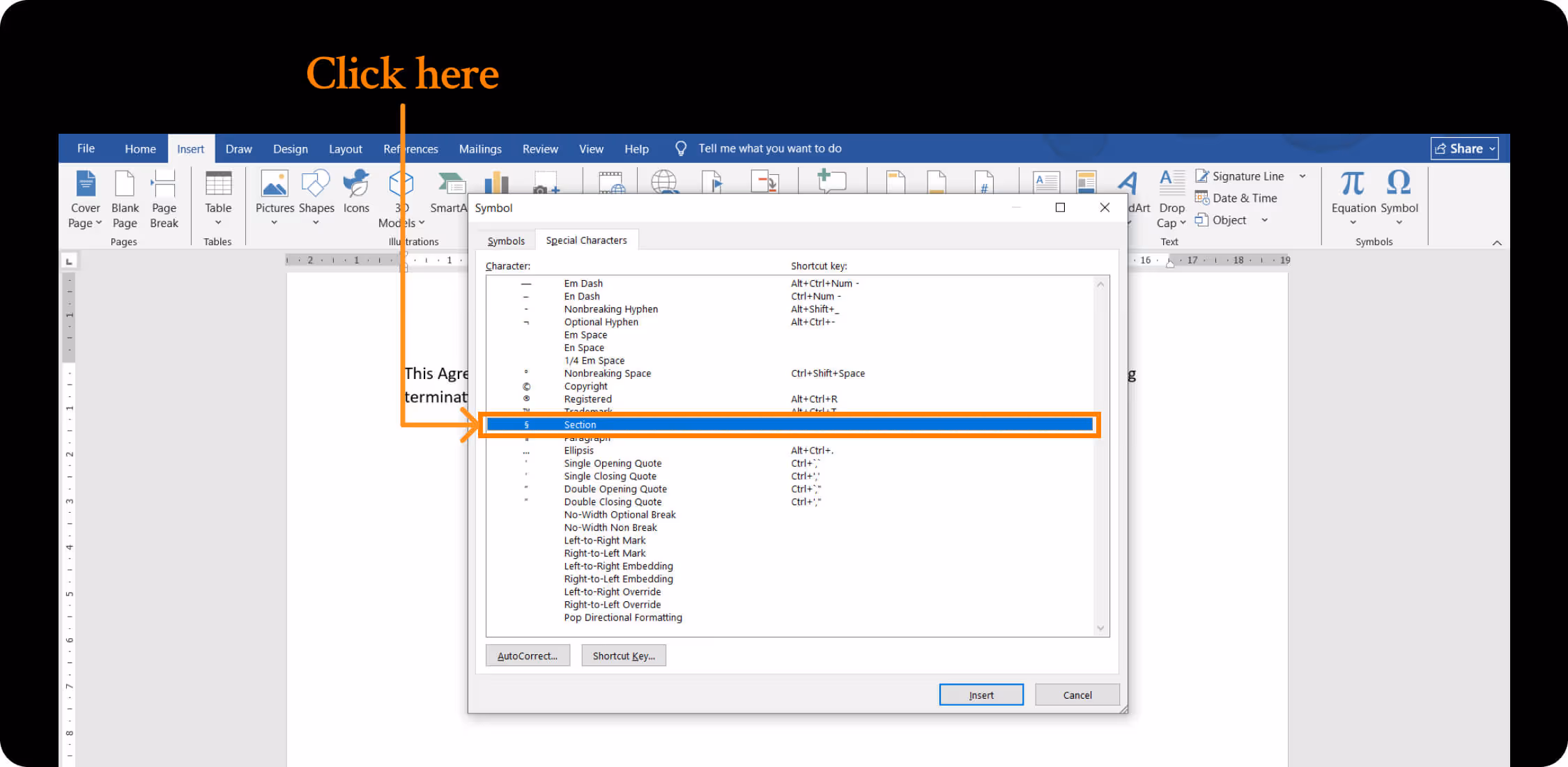locating section symbol in word document.