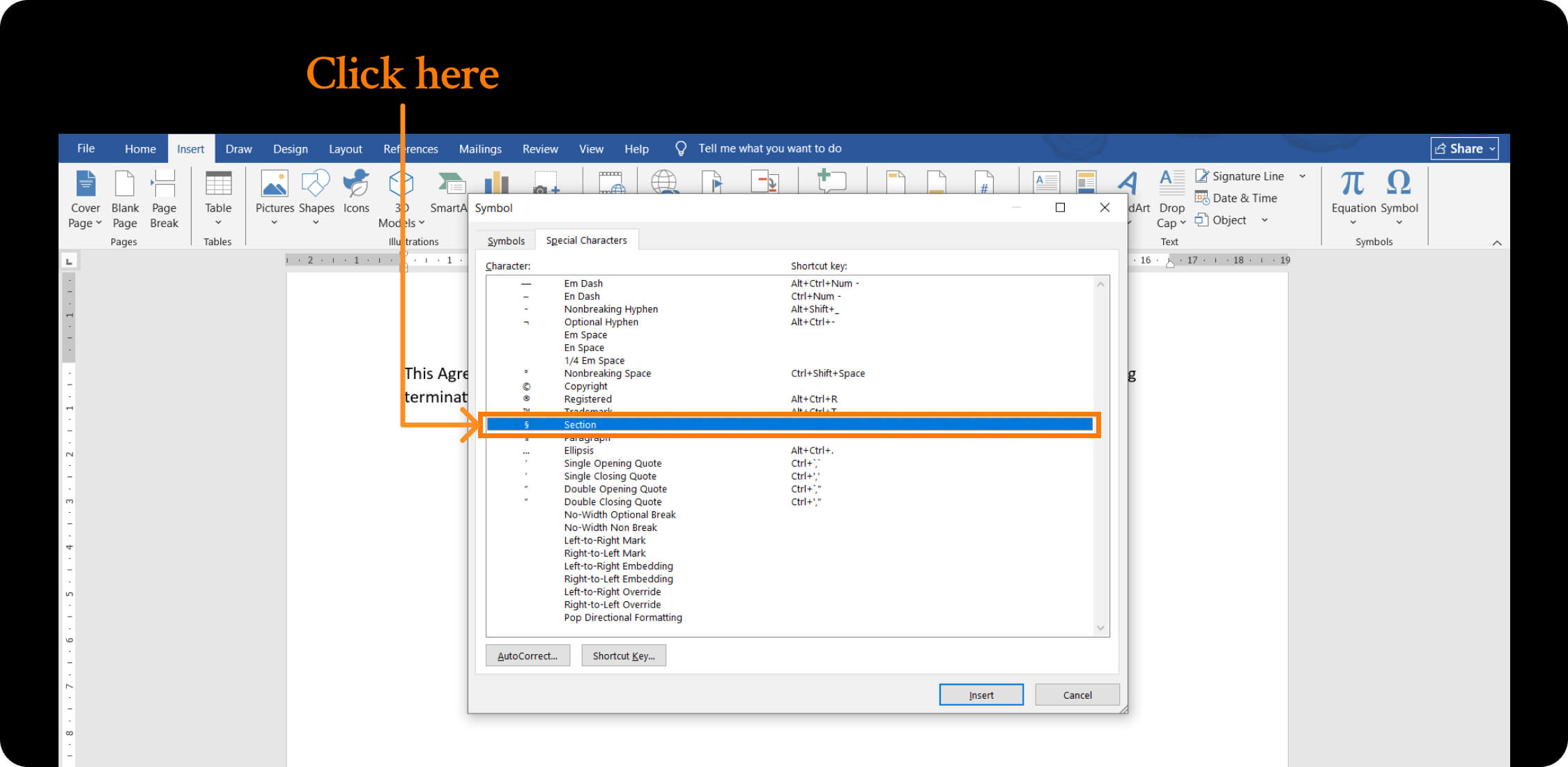 locating section symbol in word document.