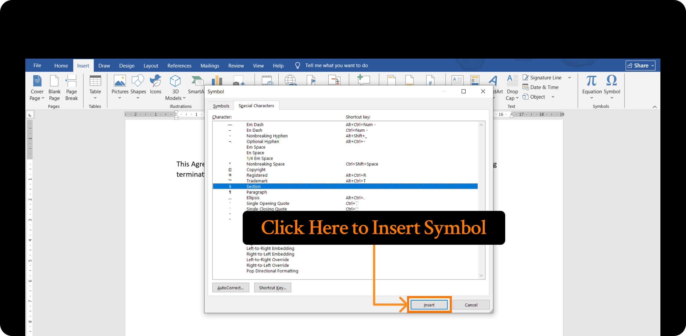 inserting section symbol in word document.