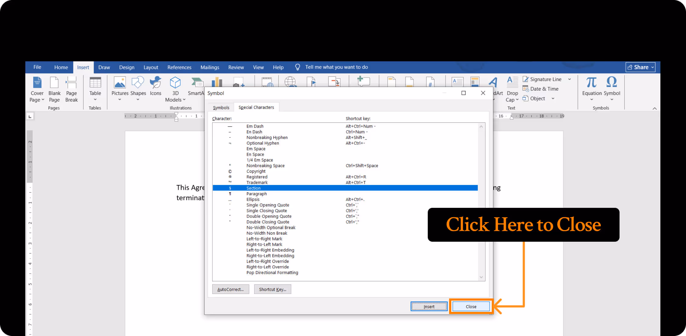 closing symbol dialog box in word document.