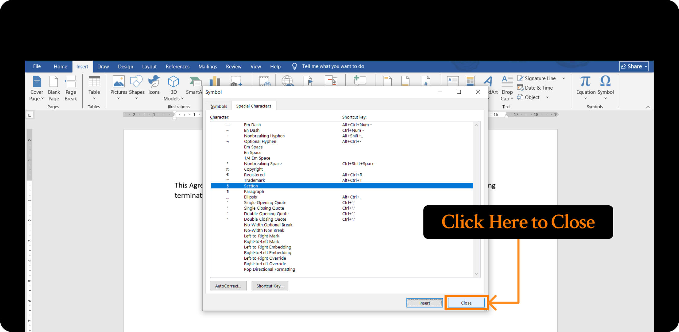 closing symbol dialog box in word document.