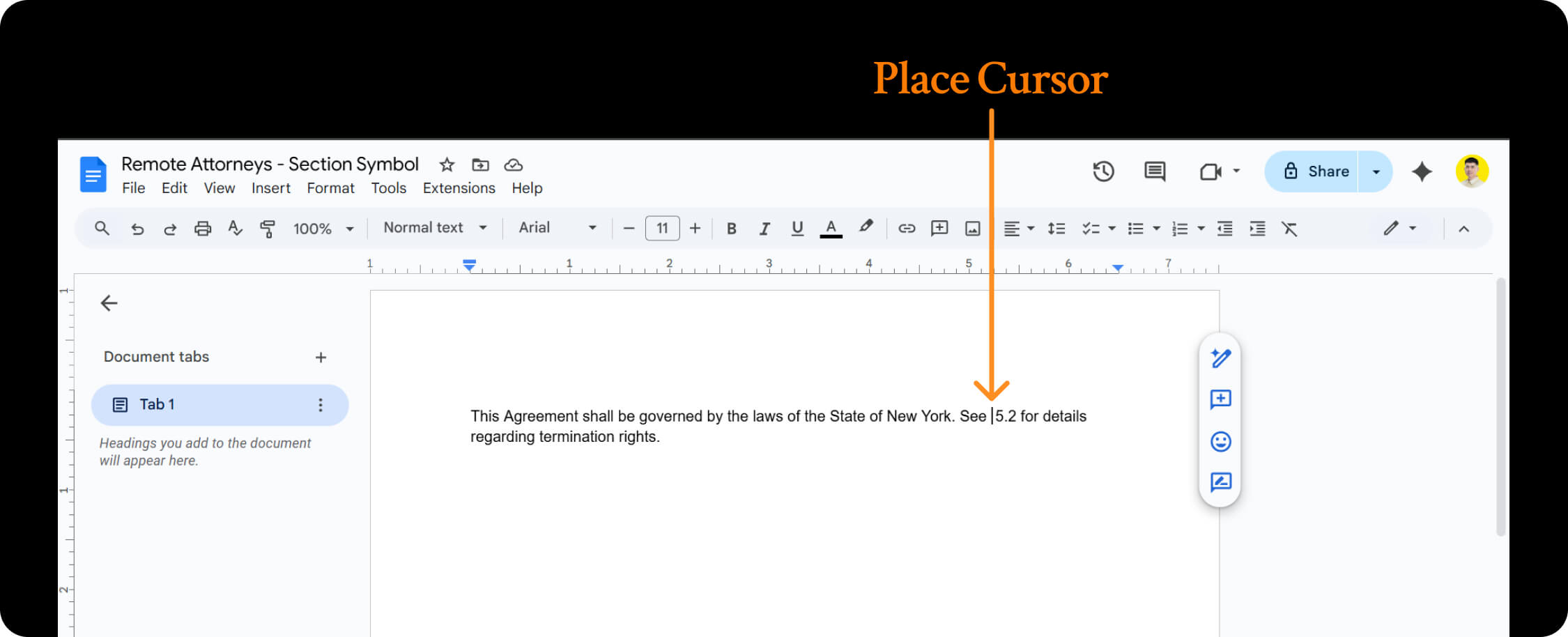 placing cursor to insert where section symbol be placed in Google Docs.
