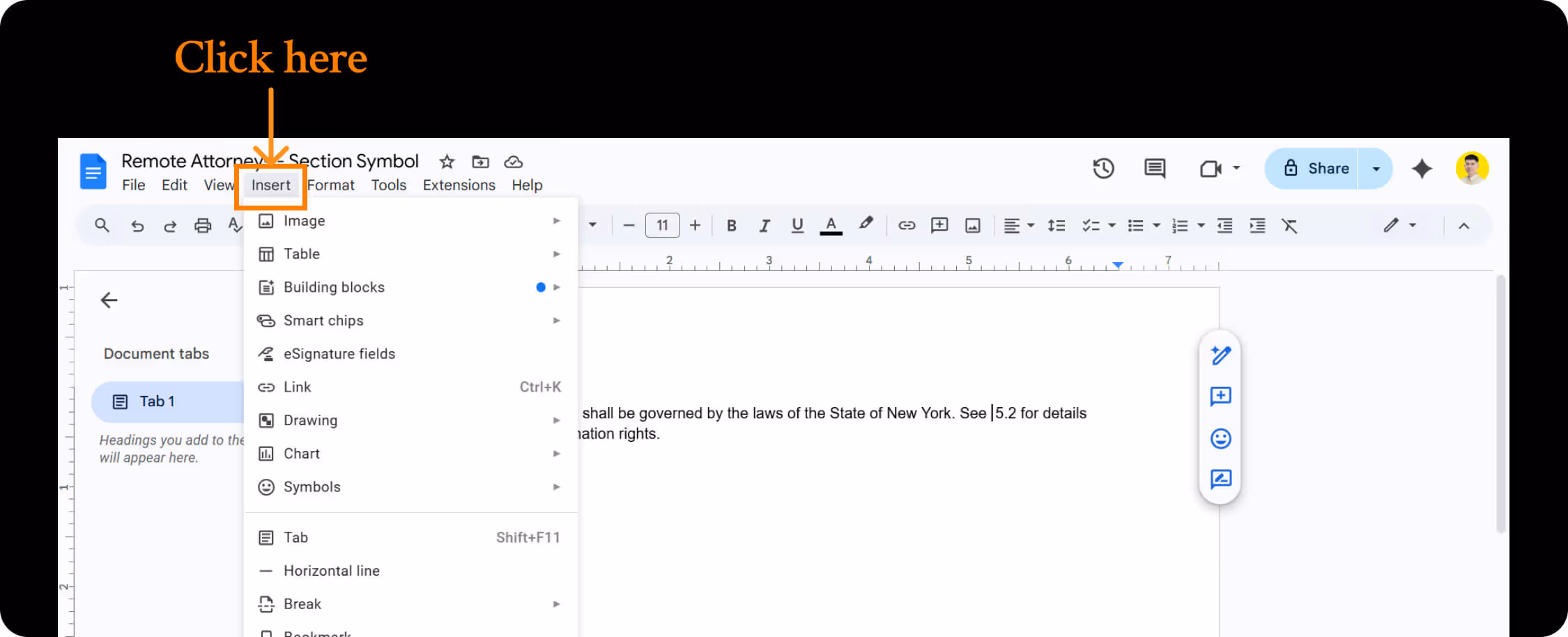 Clicking insert menu in google docs.