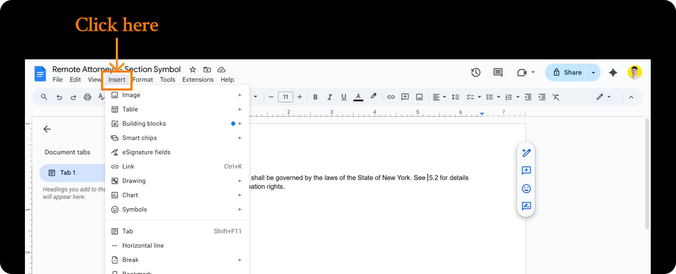 Clicking insert menu in google docs.