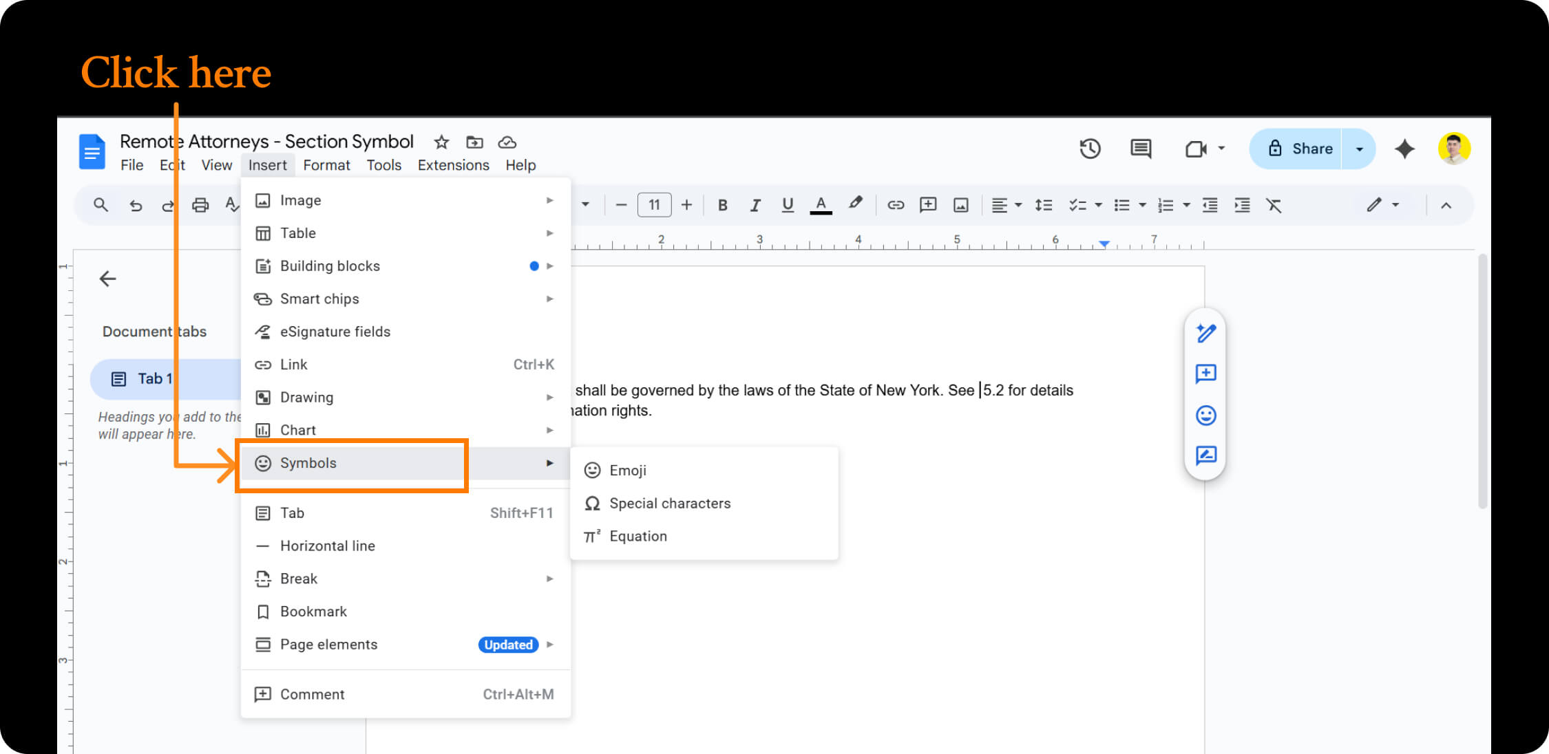 locating and using symbols in google docs.