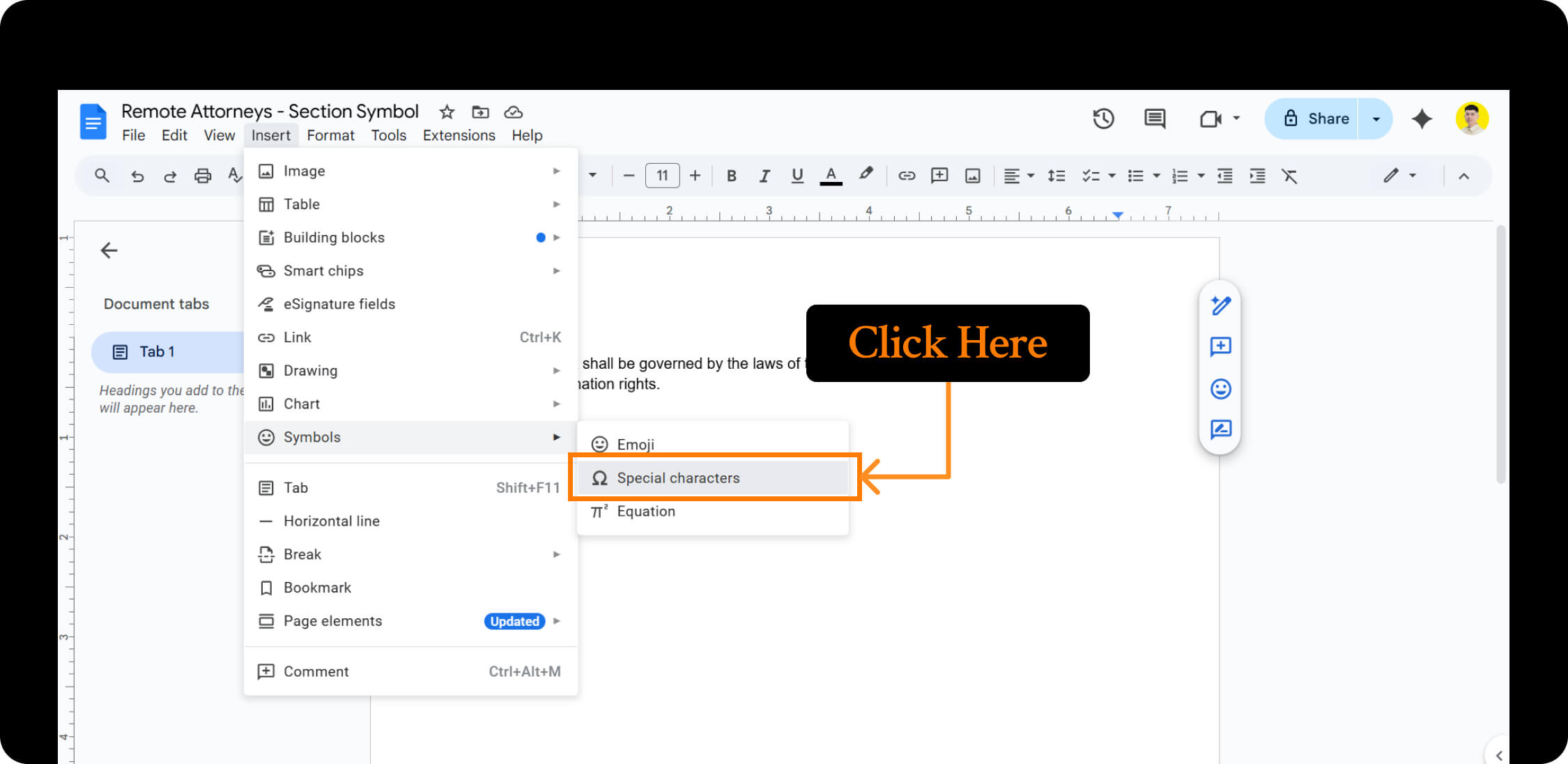 special characters location and inserting in Google Docs.