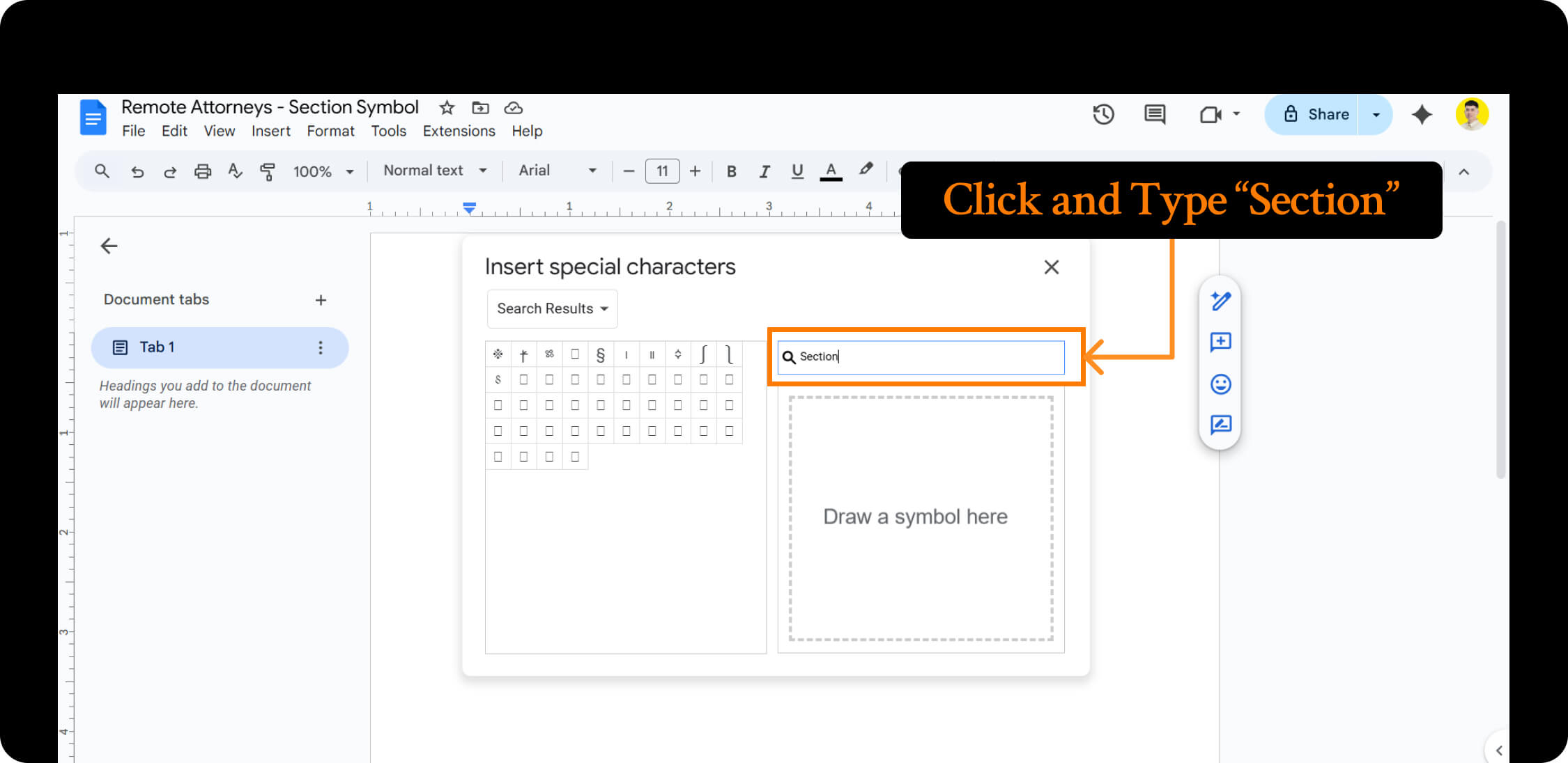 Locating Section symbol top copy in Google docs.