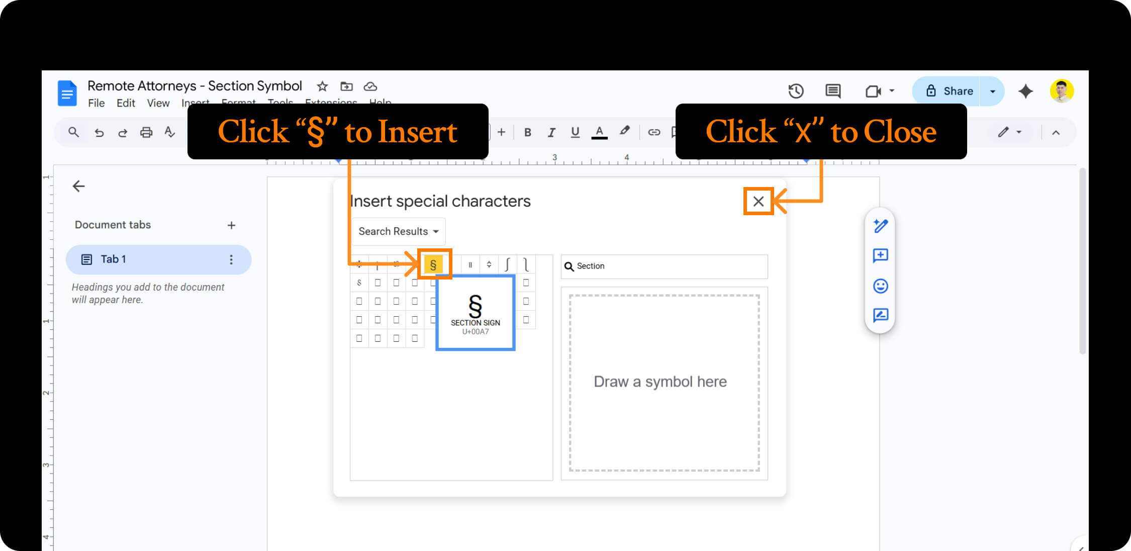 How to insert section symbol in google docs and where to find it.