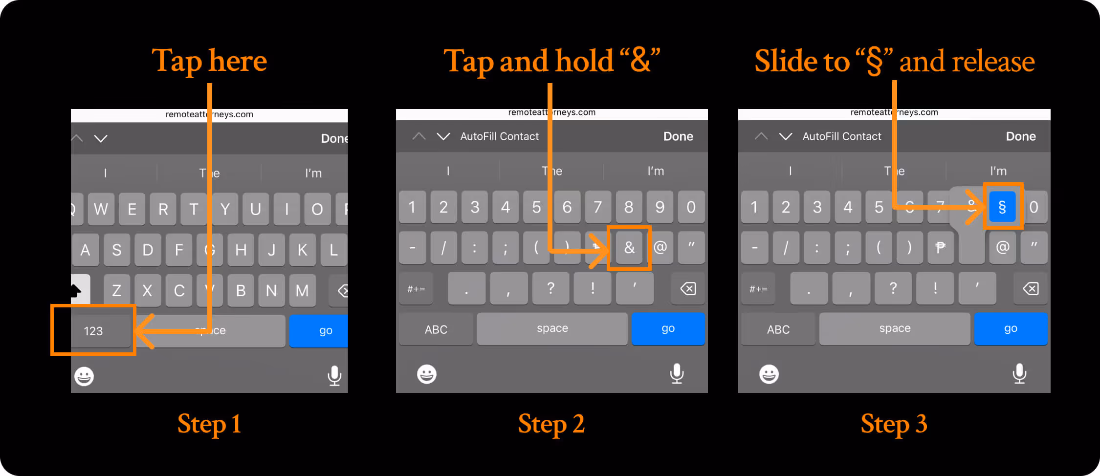 Section symbol on Iphone full steps in very detailed format.
