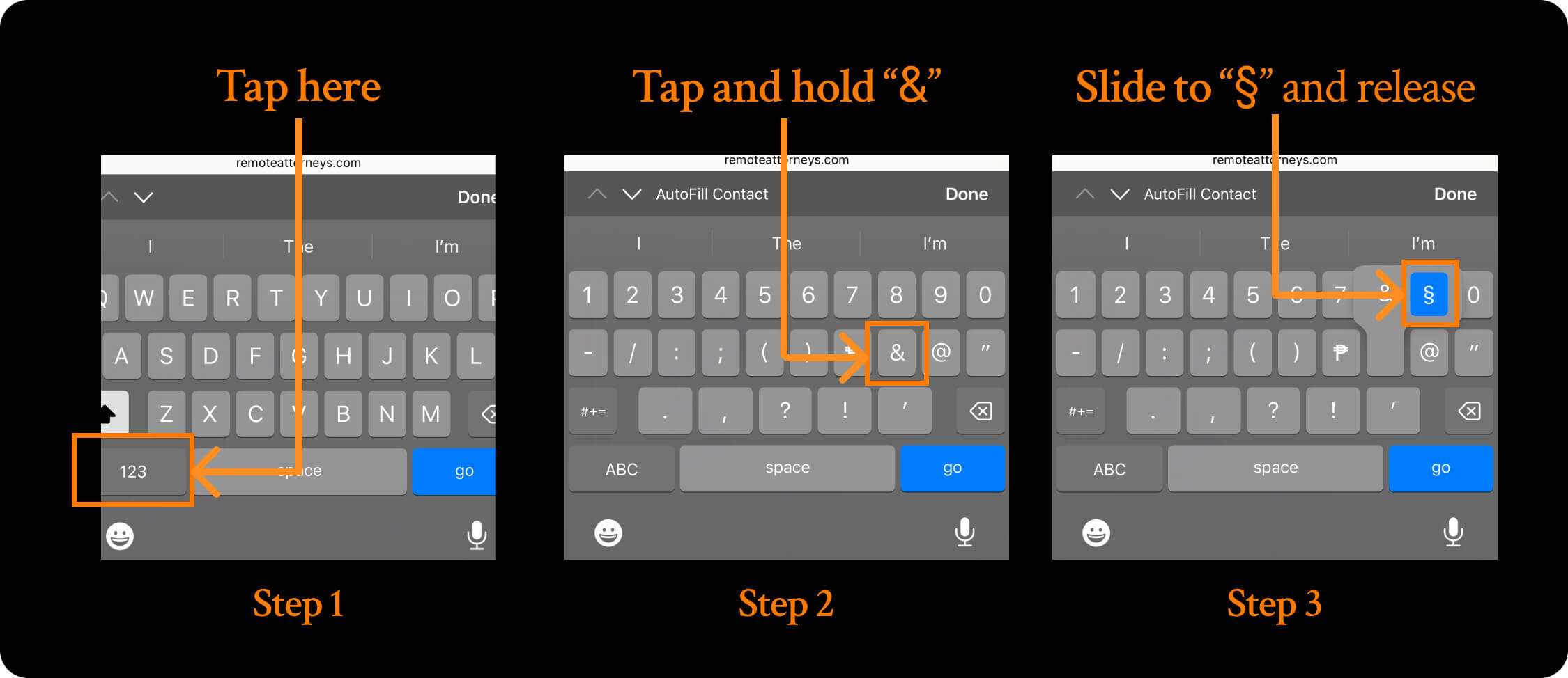 Section symbol on Iphone full steps in very detailed format.