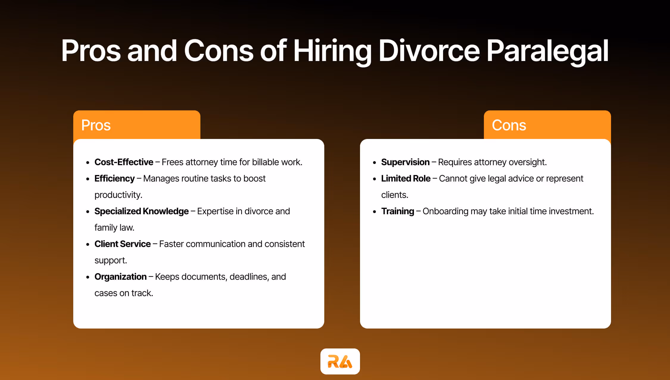 list of prons and cons of hiring a divorce paralegal for family attorneys.