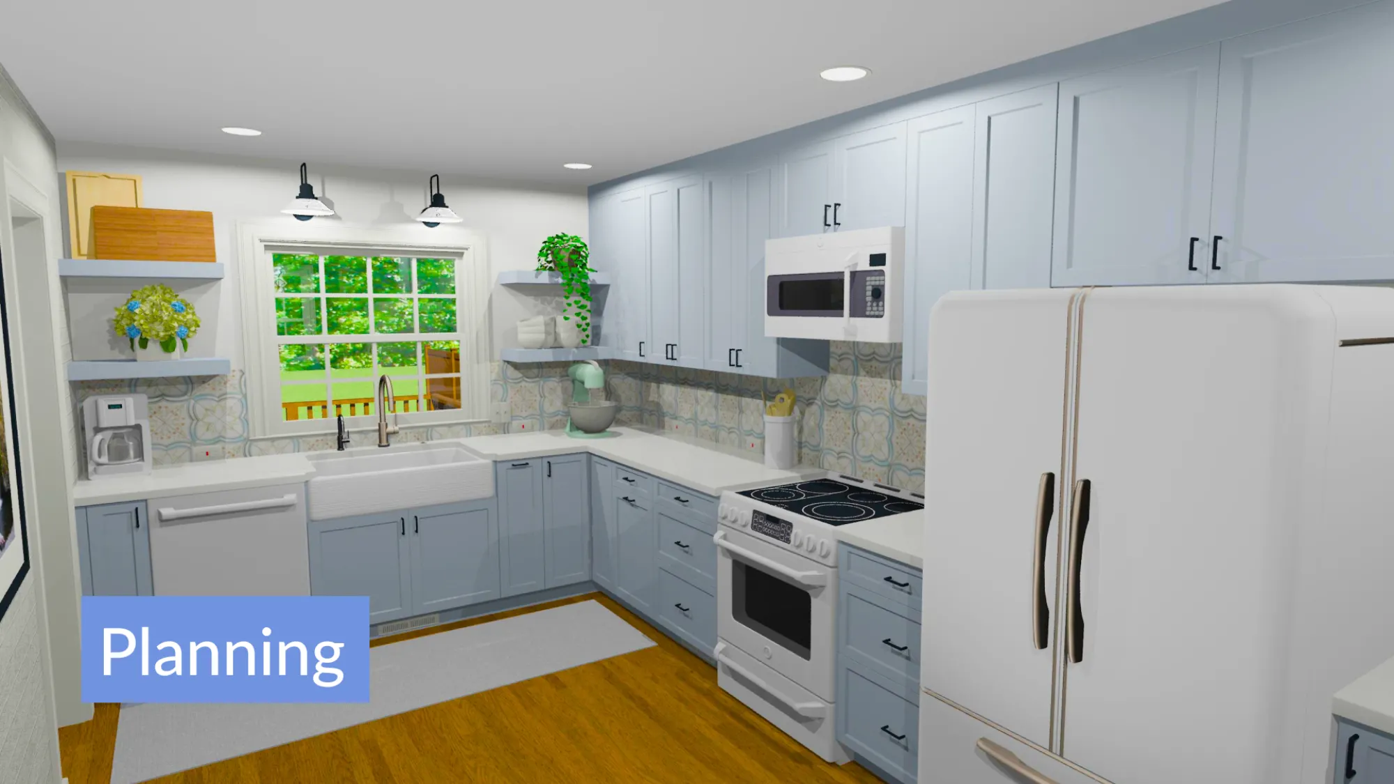 Modern kitchen with light blue cabinets, white countertops, a farmhouse sink under a window, white refrigerator and stove, and wooden floor.