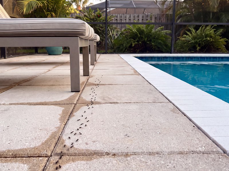 ants in a line by the pool