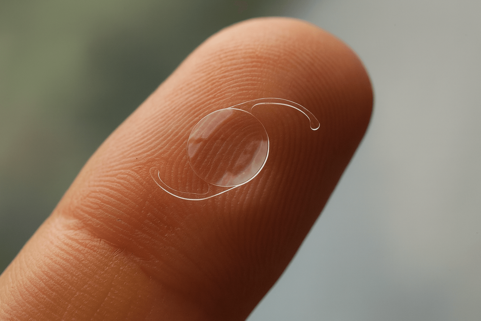 Close-up of a clear intraocular lens resting on a fingertip, illustrating its small size.