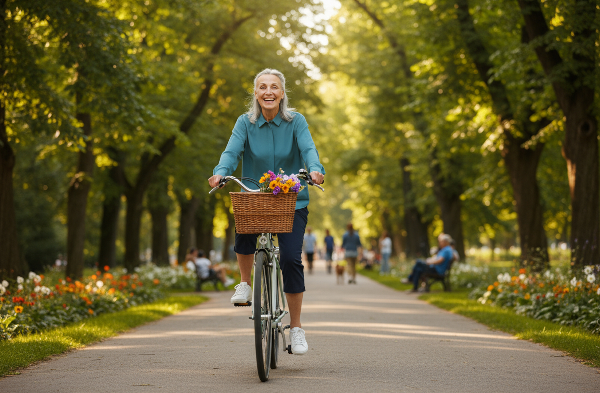 Woman joyfully cycling through a sunny park, with flowers in a basket, surrounded by lush greenery.