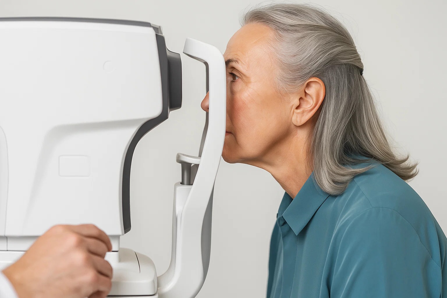 Older woman receiving an eye exam with a modern optical device in a clinic setting.