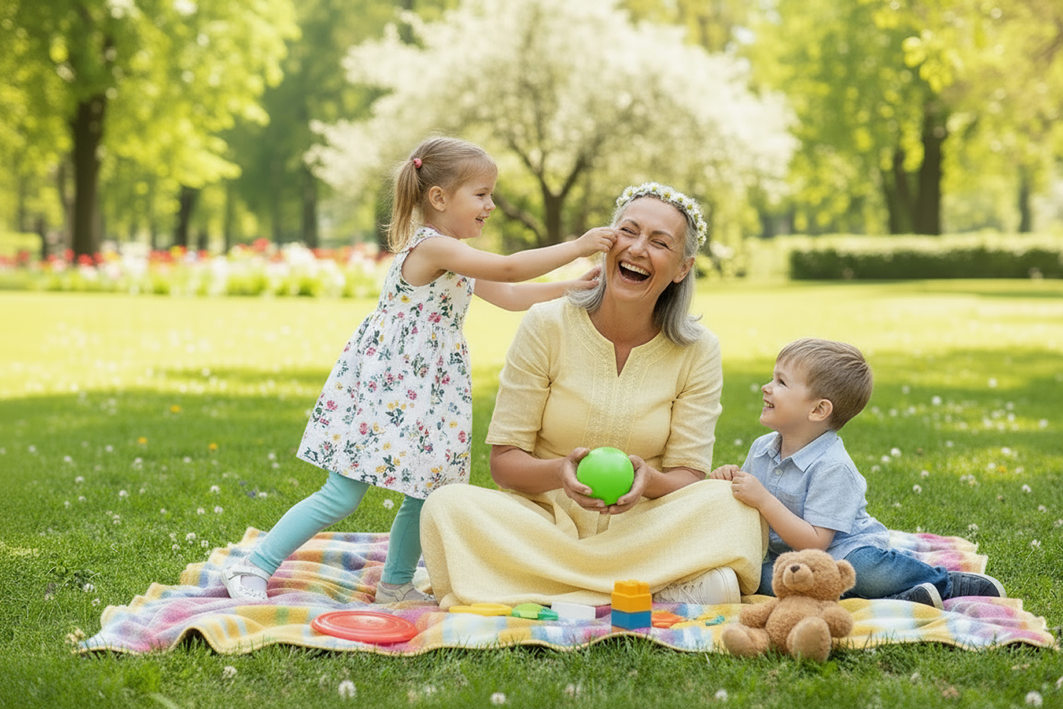 Grandmother and grandchildren enjoying a playful picnic on a sunny day in a lush green park.