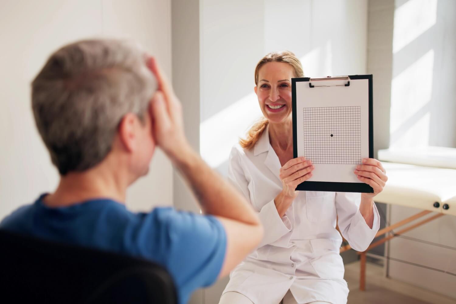 Woman at elevators in front of San Antonio Eye Specialists sign.
