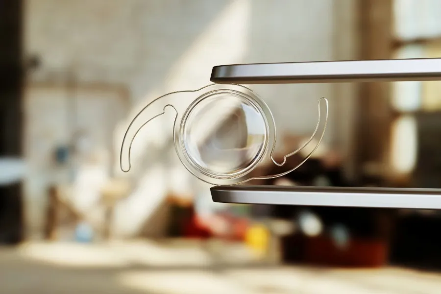 A clear multifocal intraocular lens held by metal tweezers with a blurred indoor background.