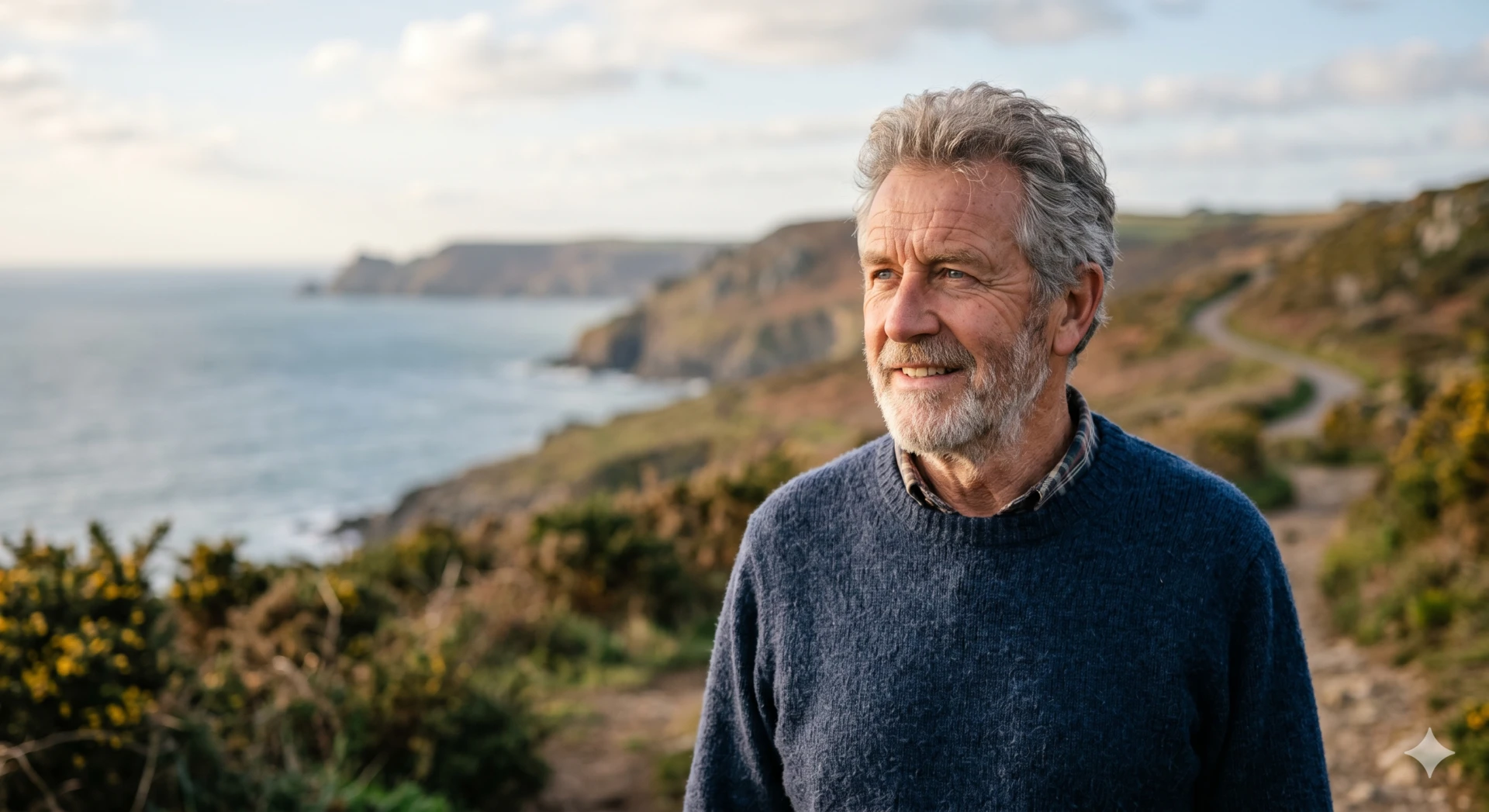 Smiling older man with gray hair and beard wearing a navy sweater standing on a coastal path with cliffs and ocean in the background.