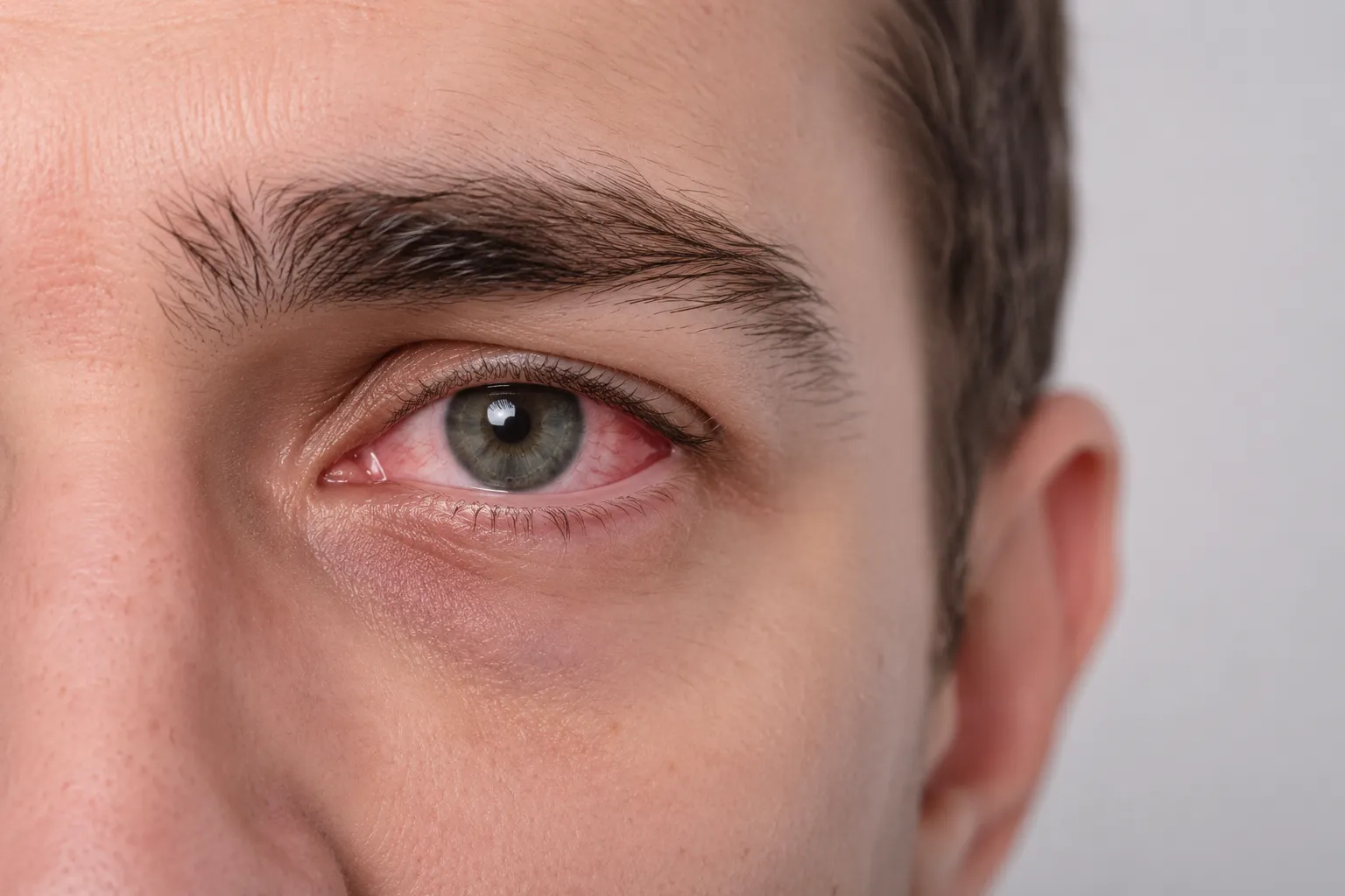Close-up of a person's eye with redness and irritation, showing signs of pink eye.