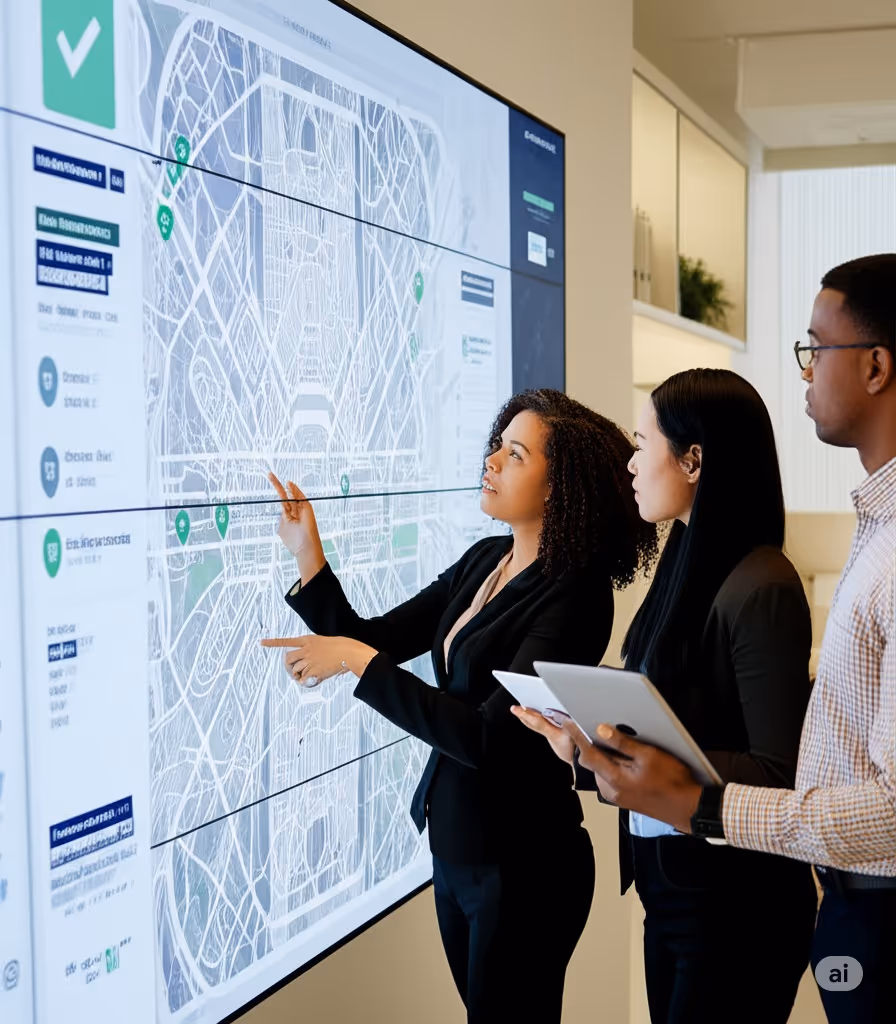Nonprofit staff collaborating in a modern control room, analyzing AI-driven insights on a large digital map display of the National Mall, symbolizing Generative AI empowering mission-focused operations.