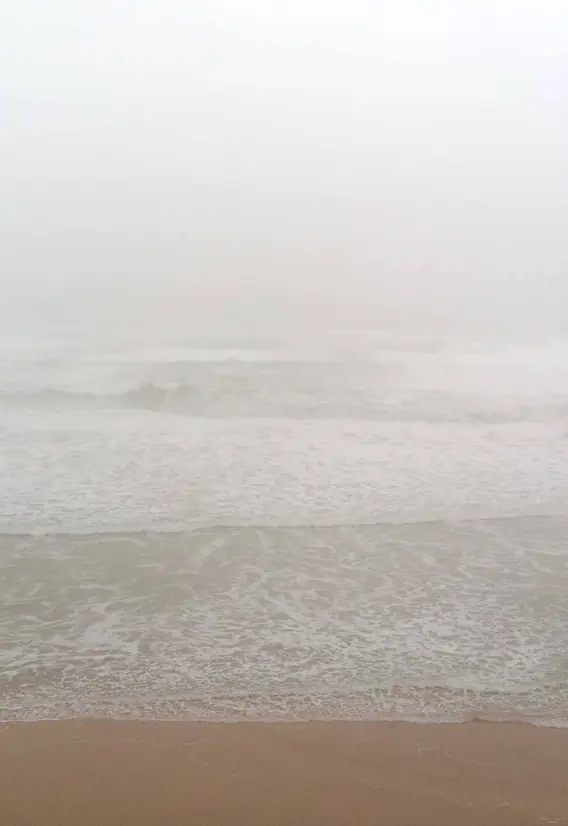 Soft ocean waves roll onto a quiet sandy shore beneath a pale foggy sky, the horizon barely visible where sea and mist meet. The open seascape reflects the spacious pause where insight from somatic astrology can settle before a woman chooses her next step.