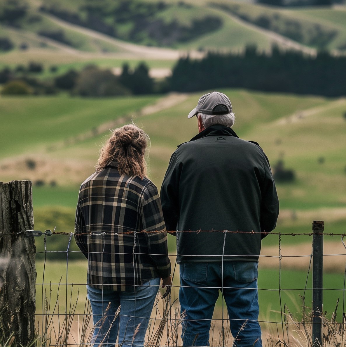Two people looking out over a farm.
