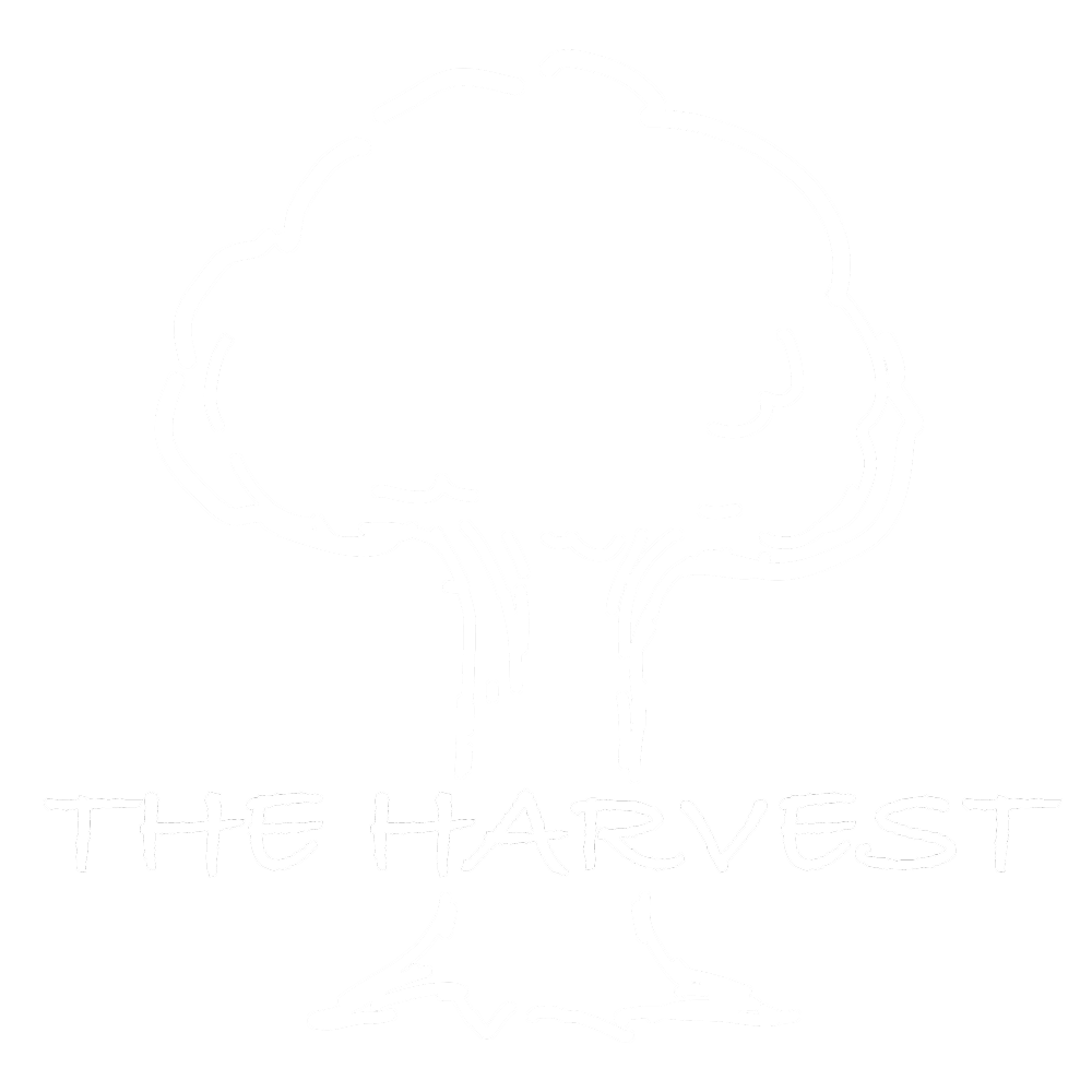 White line drawing of a tree with text 'THE HARVEST' underneath on a black background.