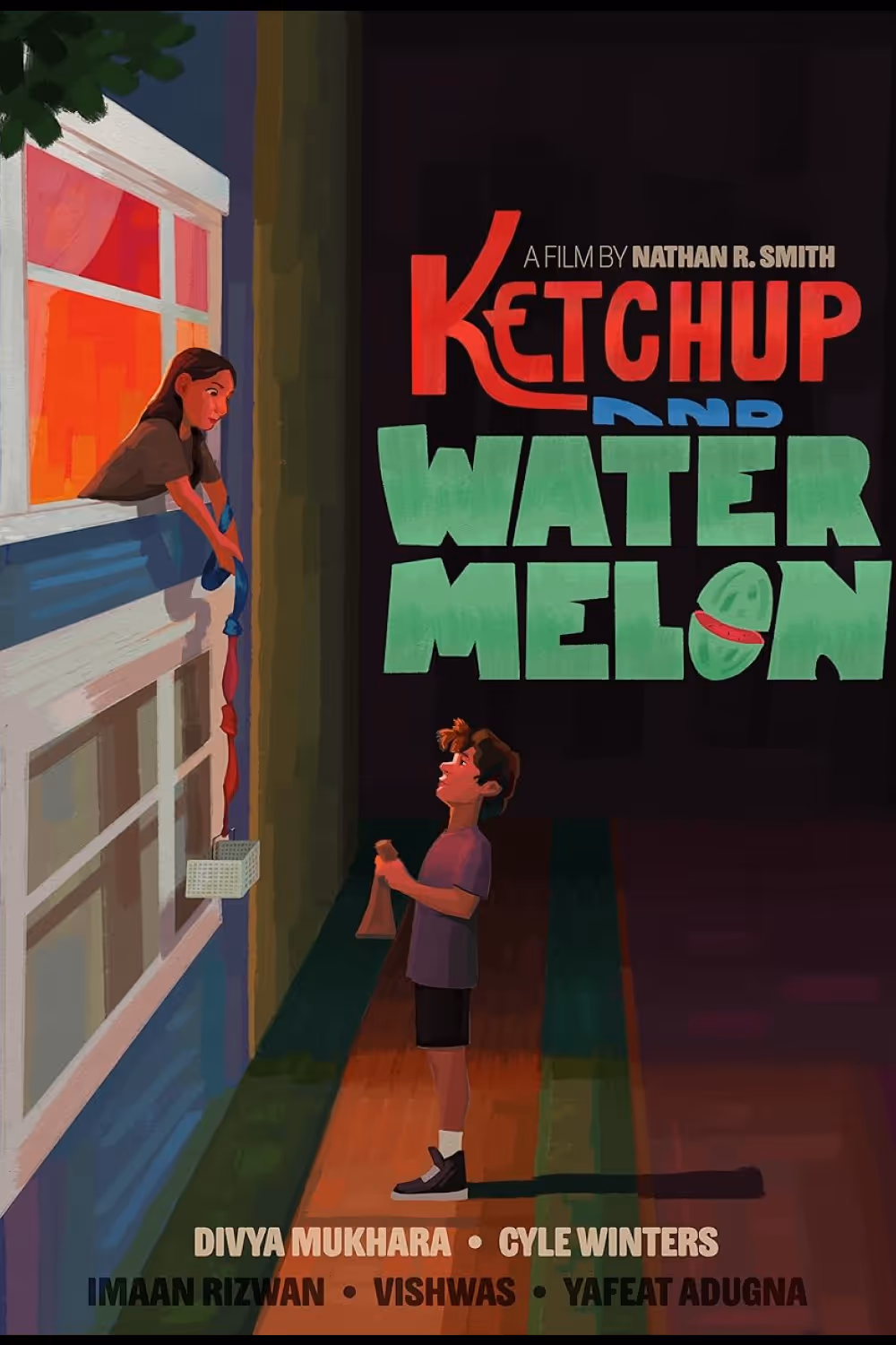 Illustrated movie poster for 'Ketchup and Watermelon' showing a girl leaning out of a window handing a basket down to a boy standing below holding a cloth bag.