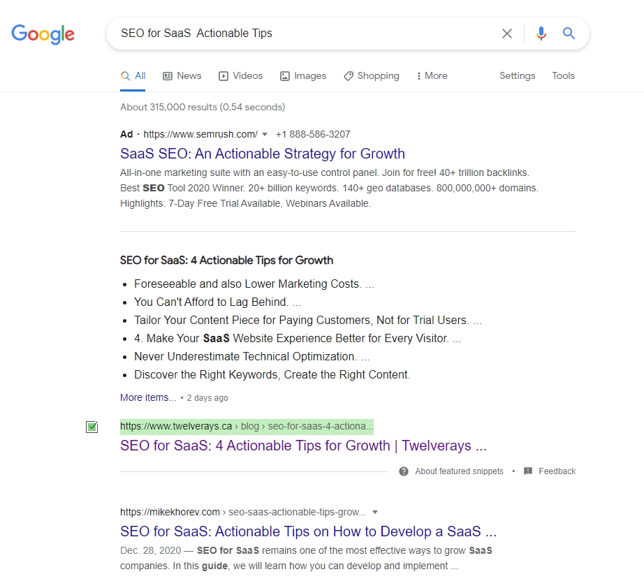Twelverays ranking first page on Google.