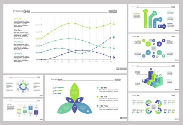 Eight analytics slide templates set Free Vector